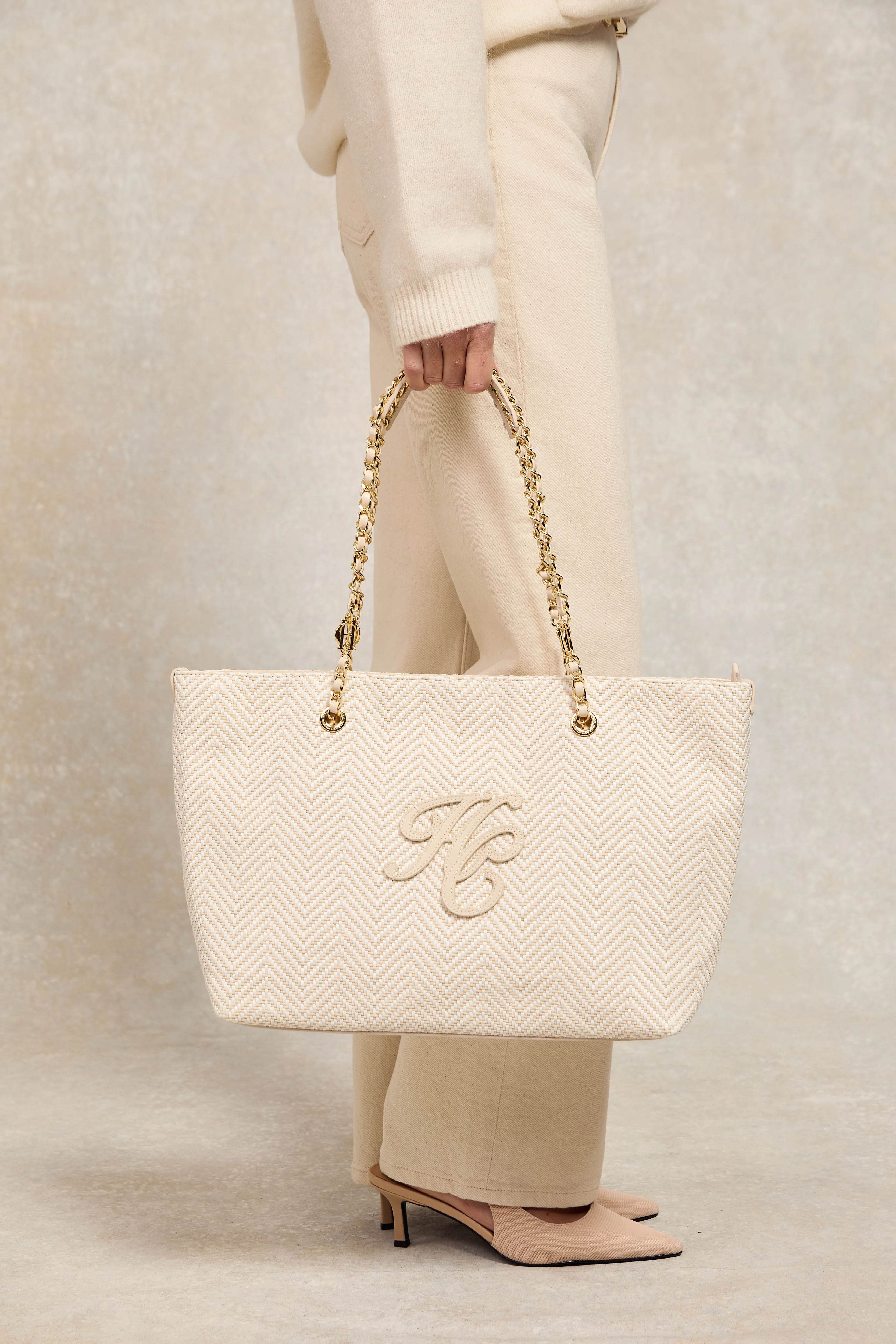 Amalfi Straw Tote (Cream Herringbone) - Image 2