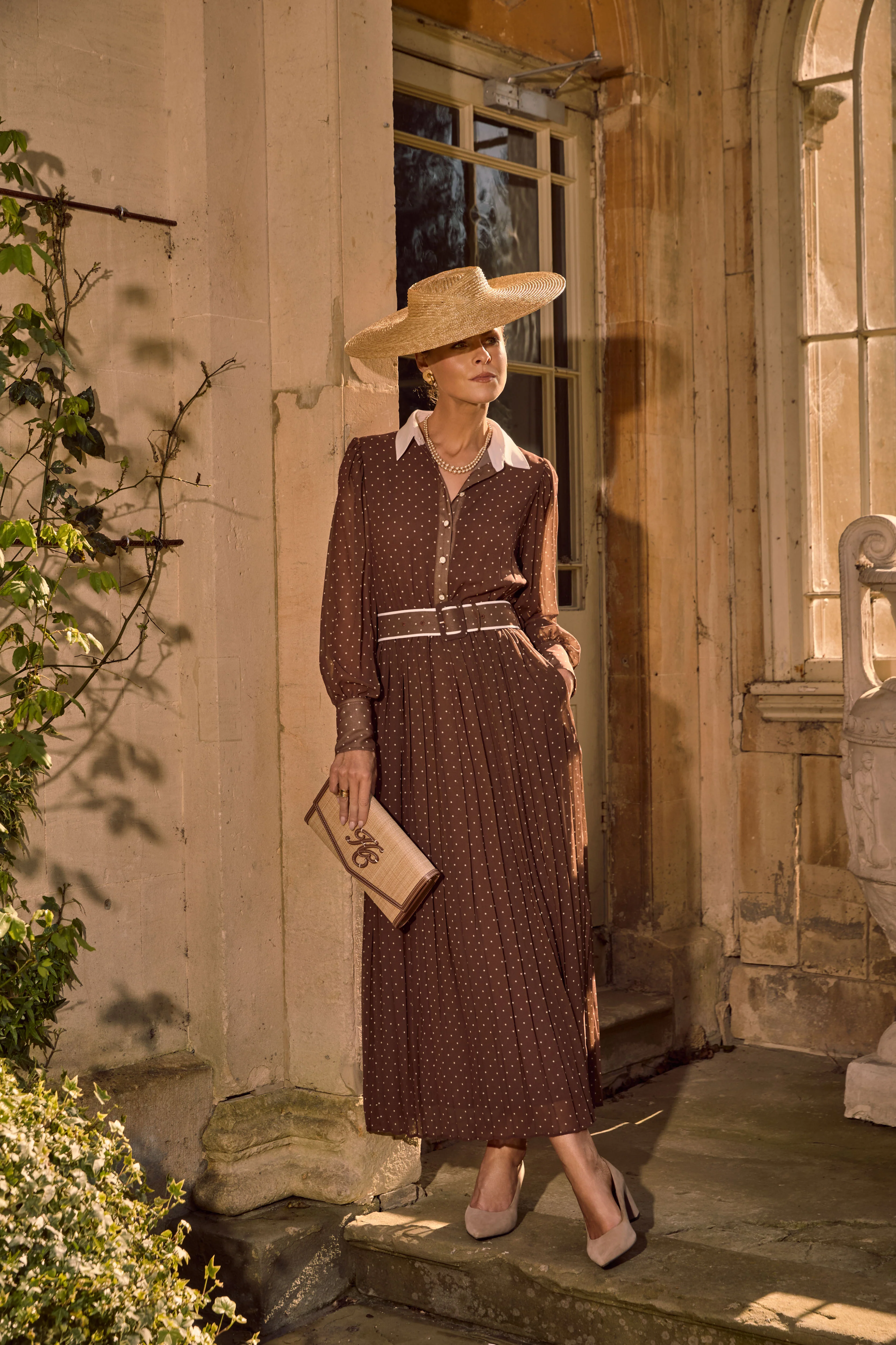 Annabel Pleated Maxi Dress (Chestnut Polka Dot) - Image 3