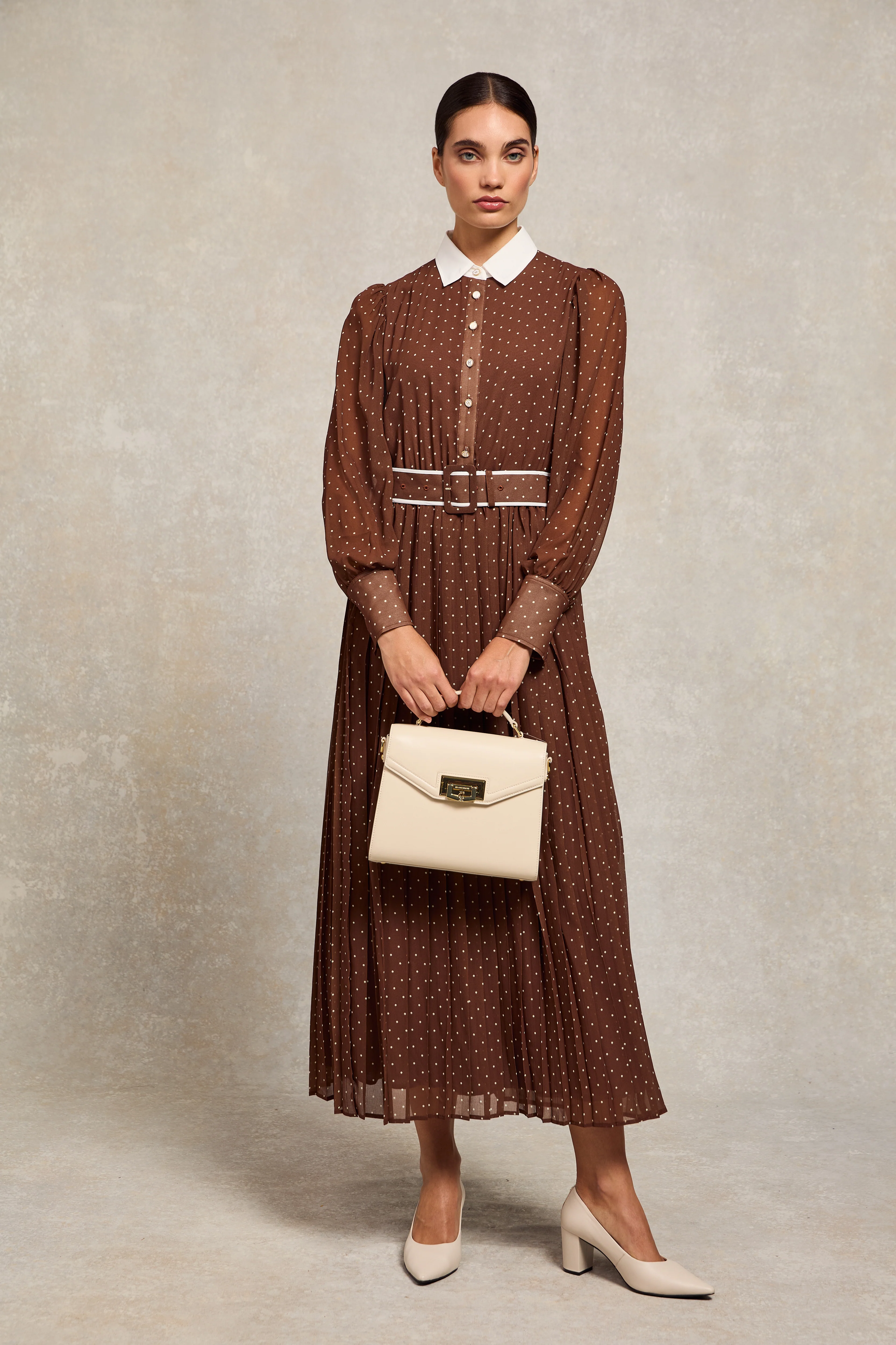 Annabel Pleated Maxi Dress (Chestnut Polka Dot) - Image 5