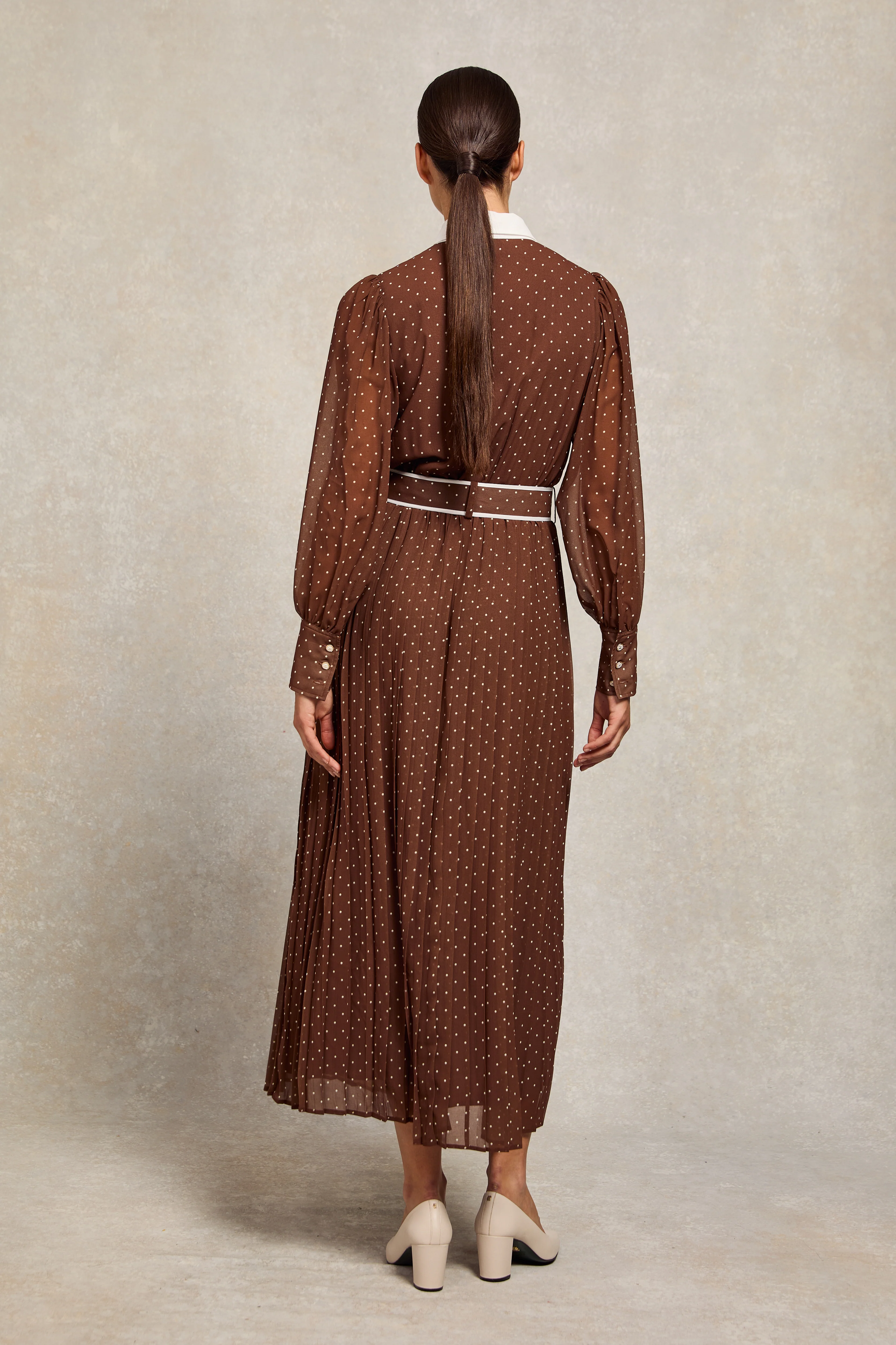 Annabel Pleated Maxi Dress (Chestnut Polka Dot) - Image 6
