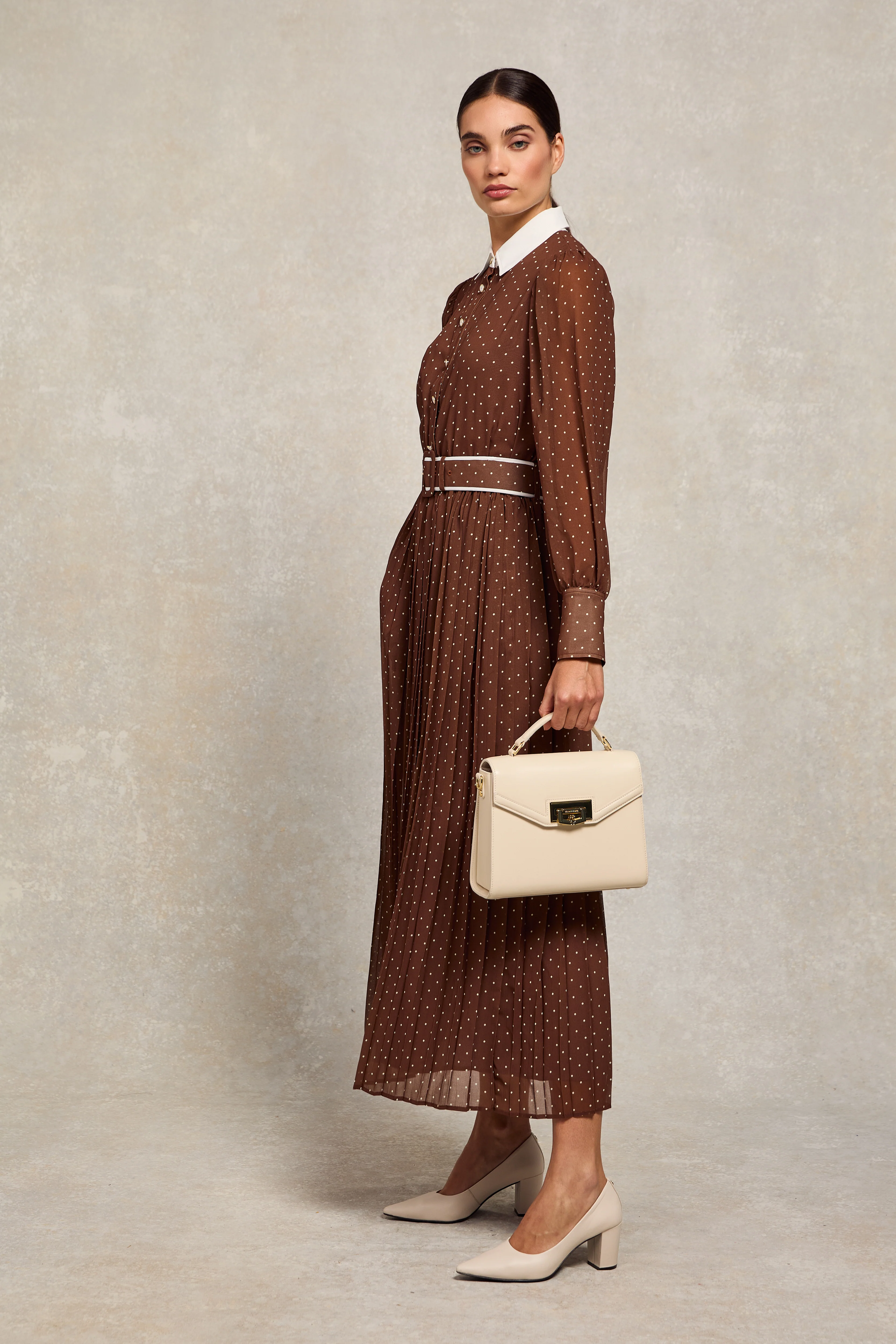 Annabel Pleated Maxi Dress (Chestnut Polka Dot) - Image 7