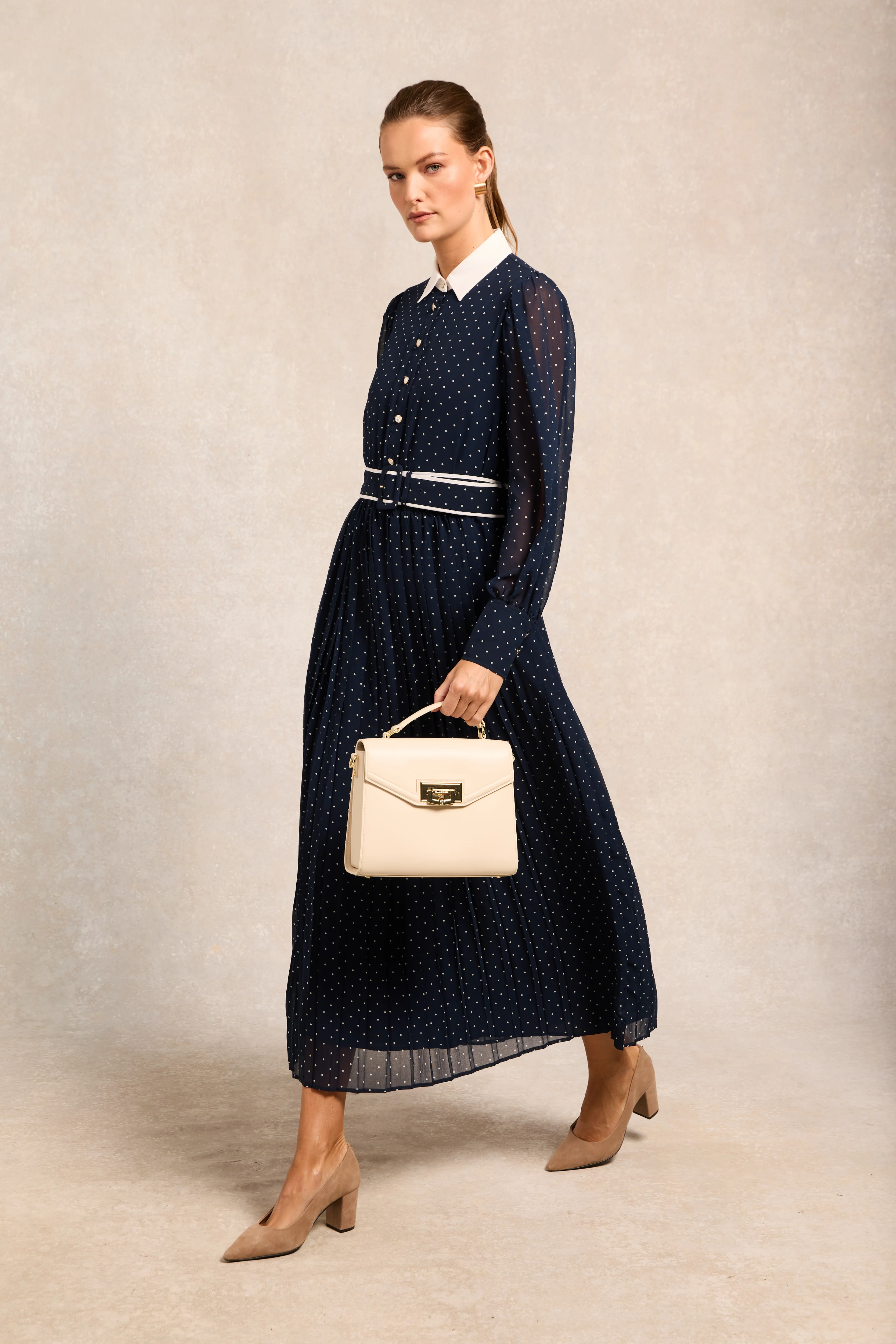 Annabel Pleated Maxi Dress (Ink Navy Polka Dot) - Image 2