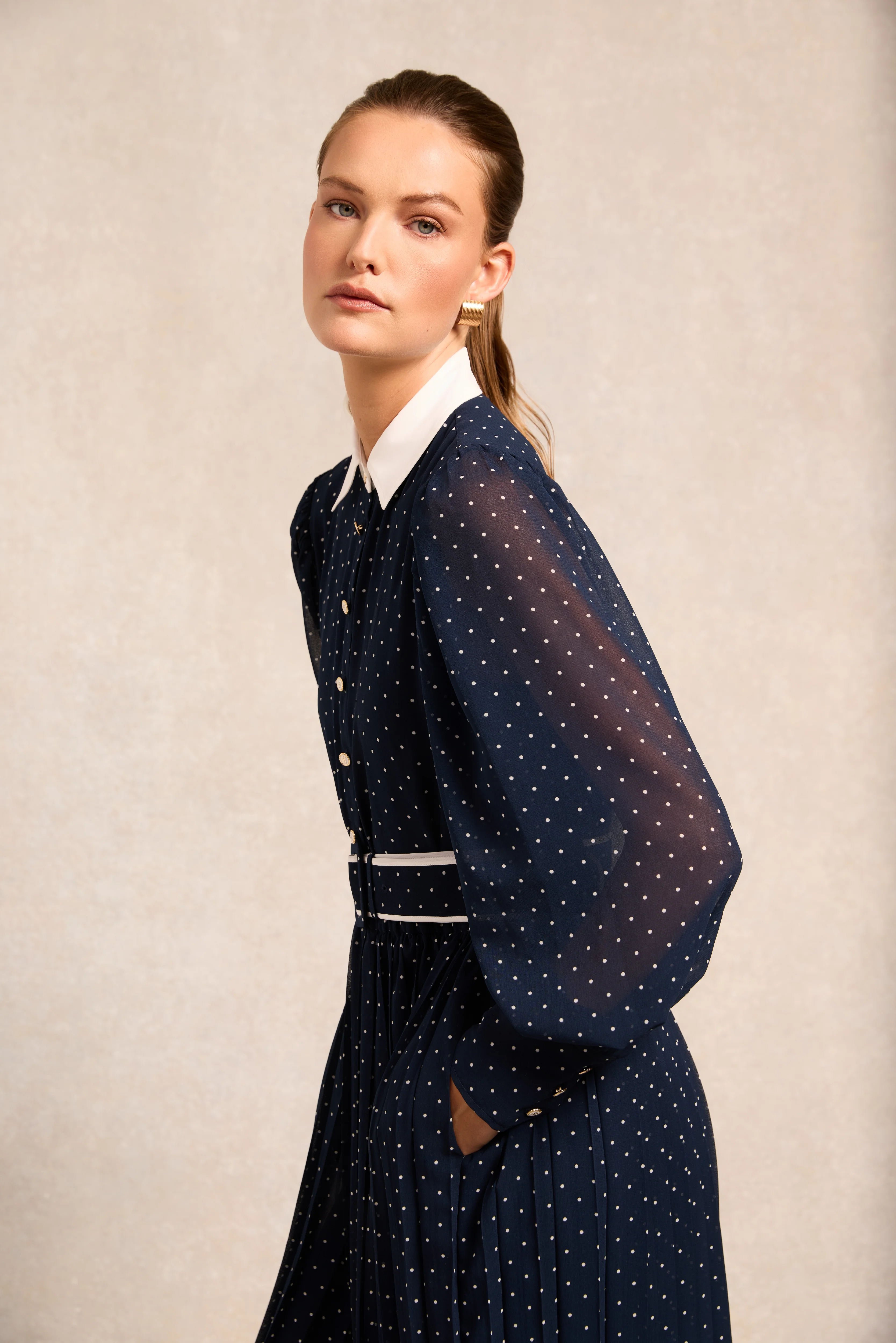 Annabel Pleated Maxi Dress (Ink Navy Polka Dot) - Image 3
