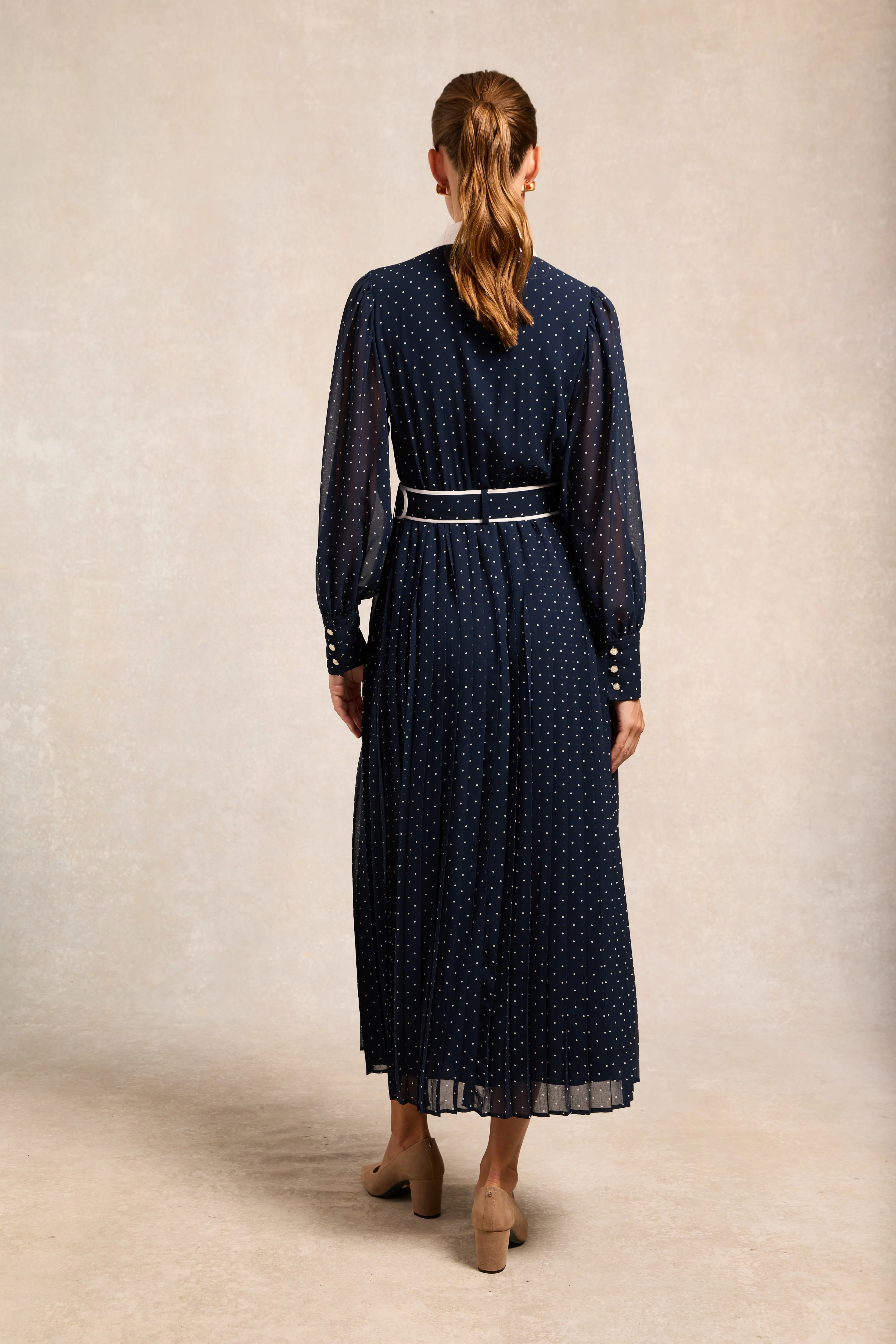 Annabel Pleated Maxi Dress (Ink Navy Polka Dot) - Image 5