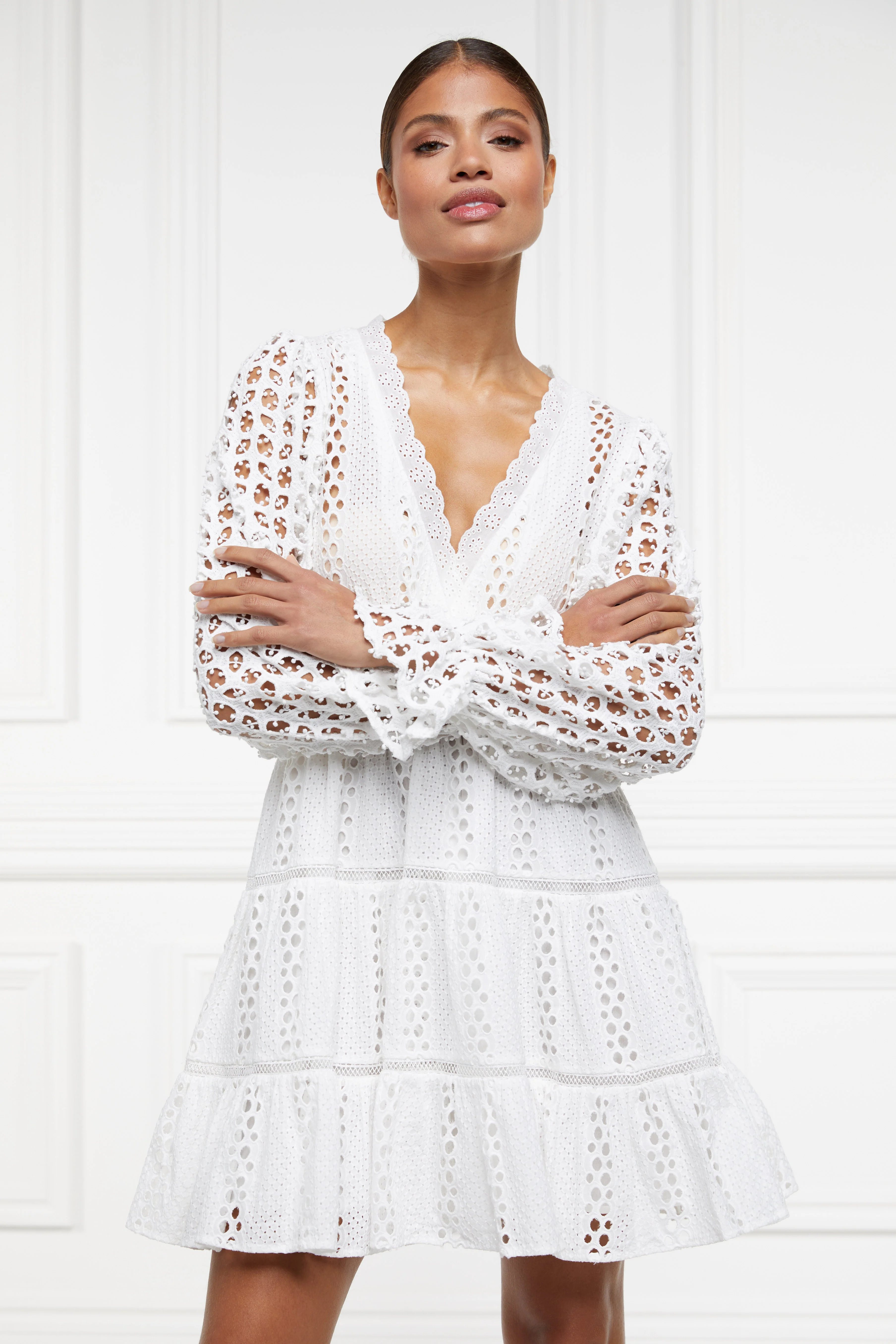 Broderie Lace V-Neck Dress (White) - Image 2
