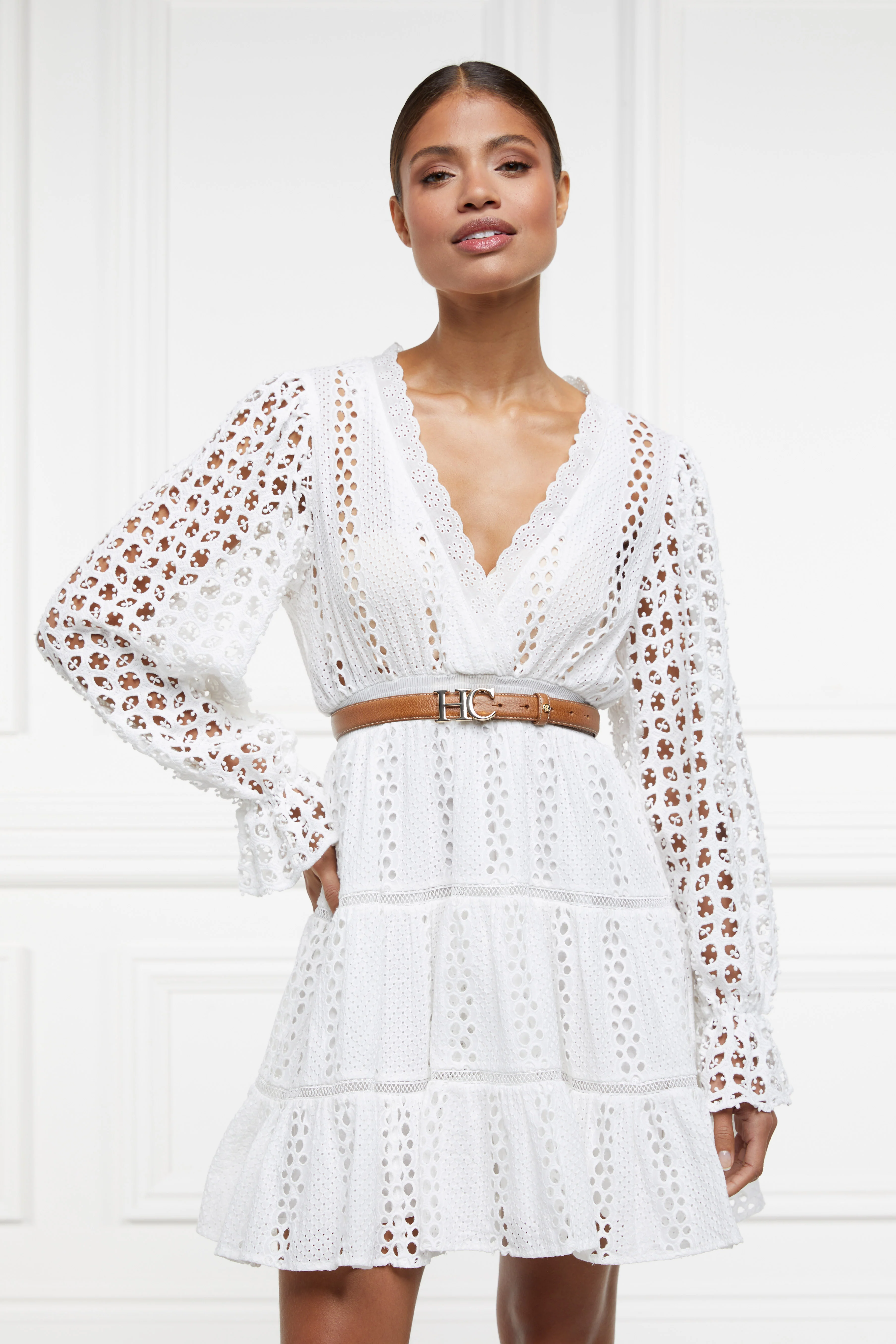 Broderie Lace V-Neck Dress (White) - Image 7
