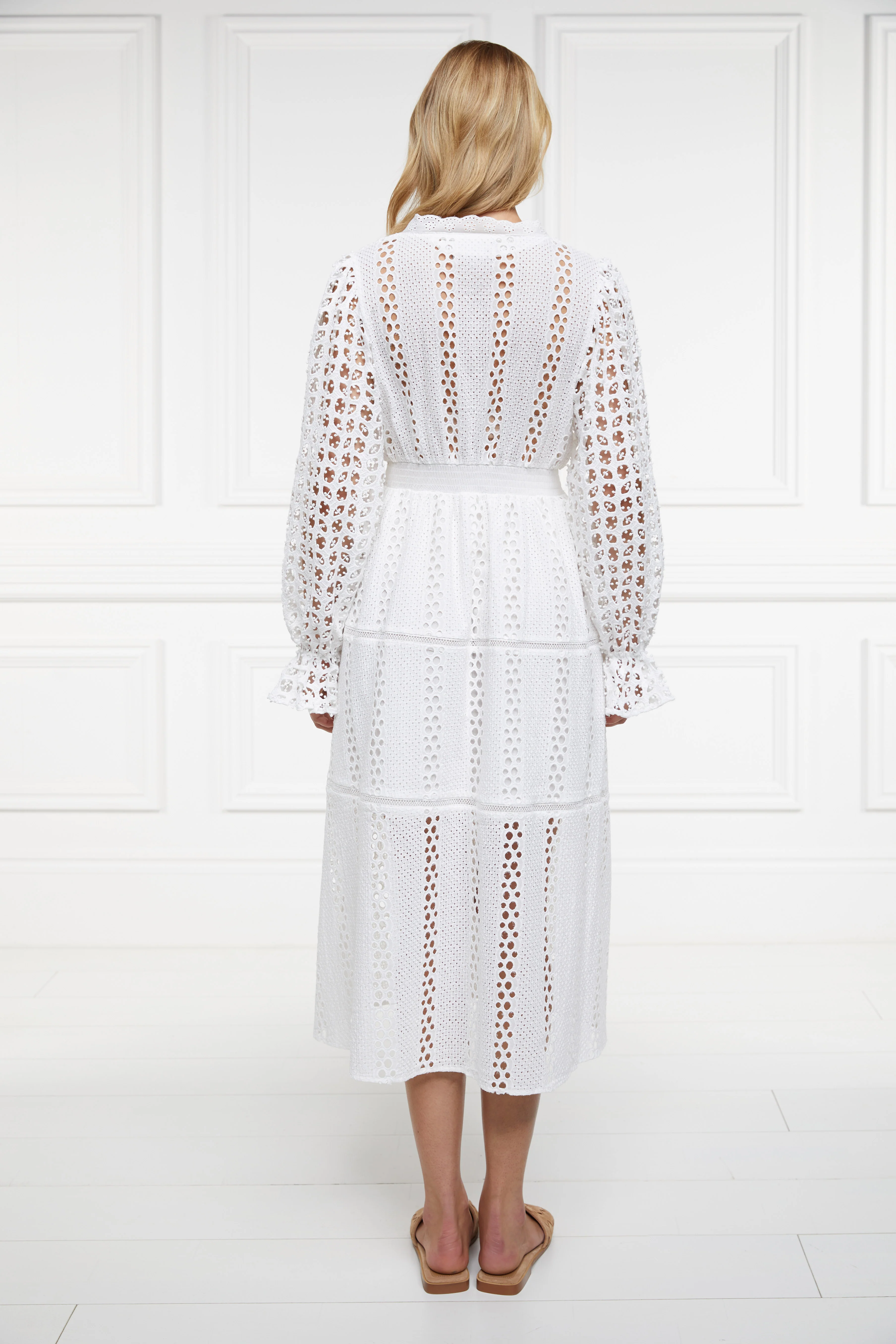 Broderie Lace V-Neck Midi Dress (White) - Image 5
