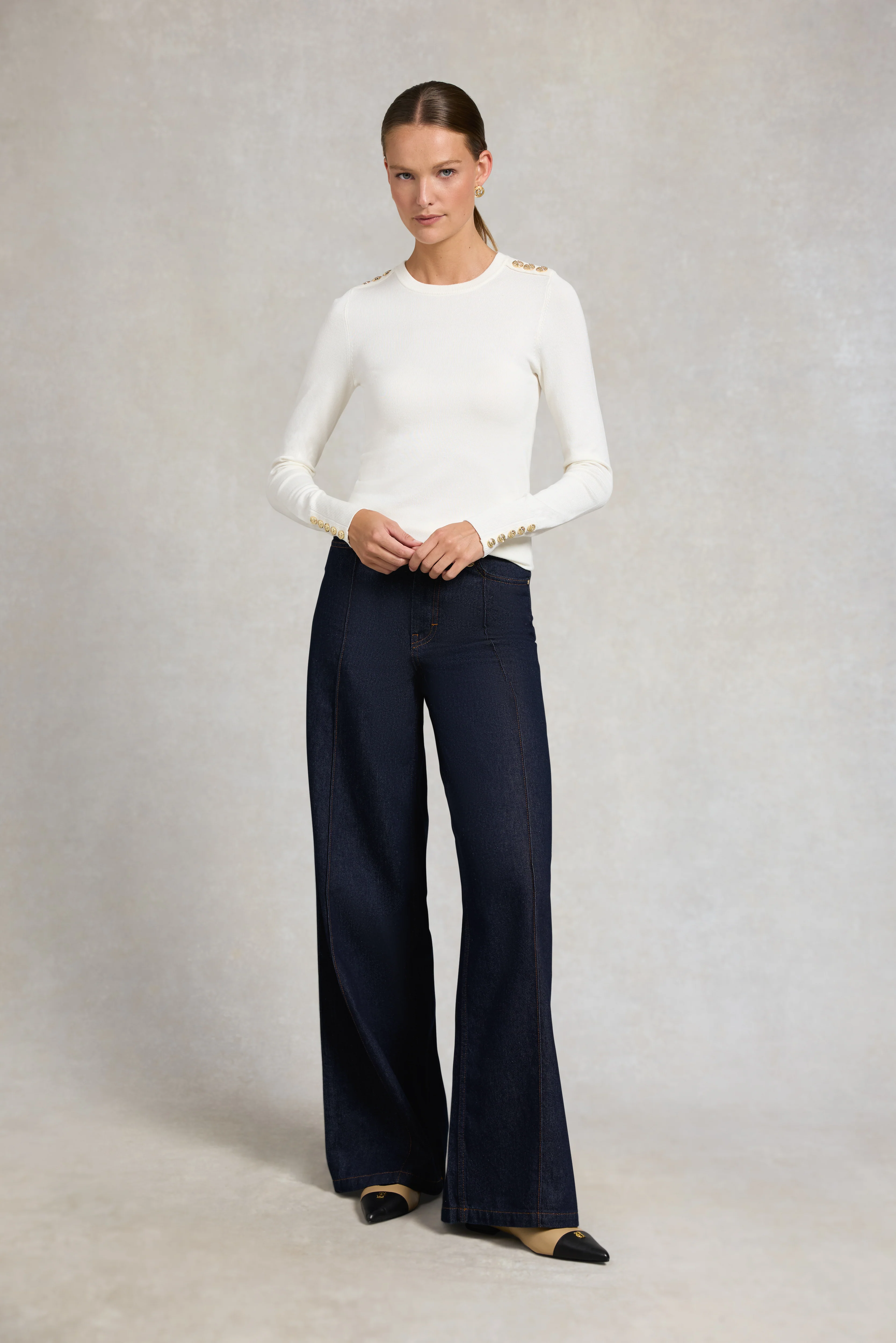 Buttoned Knit Crew Neck (Cream) - Image 2