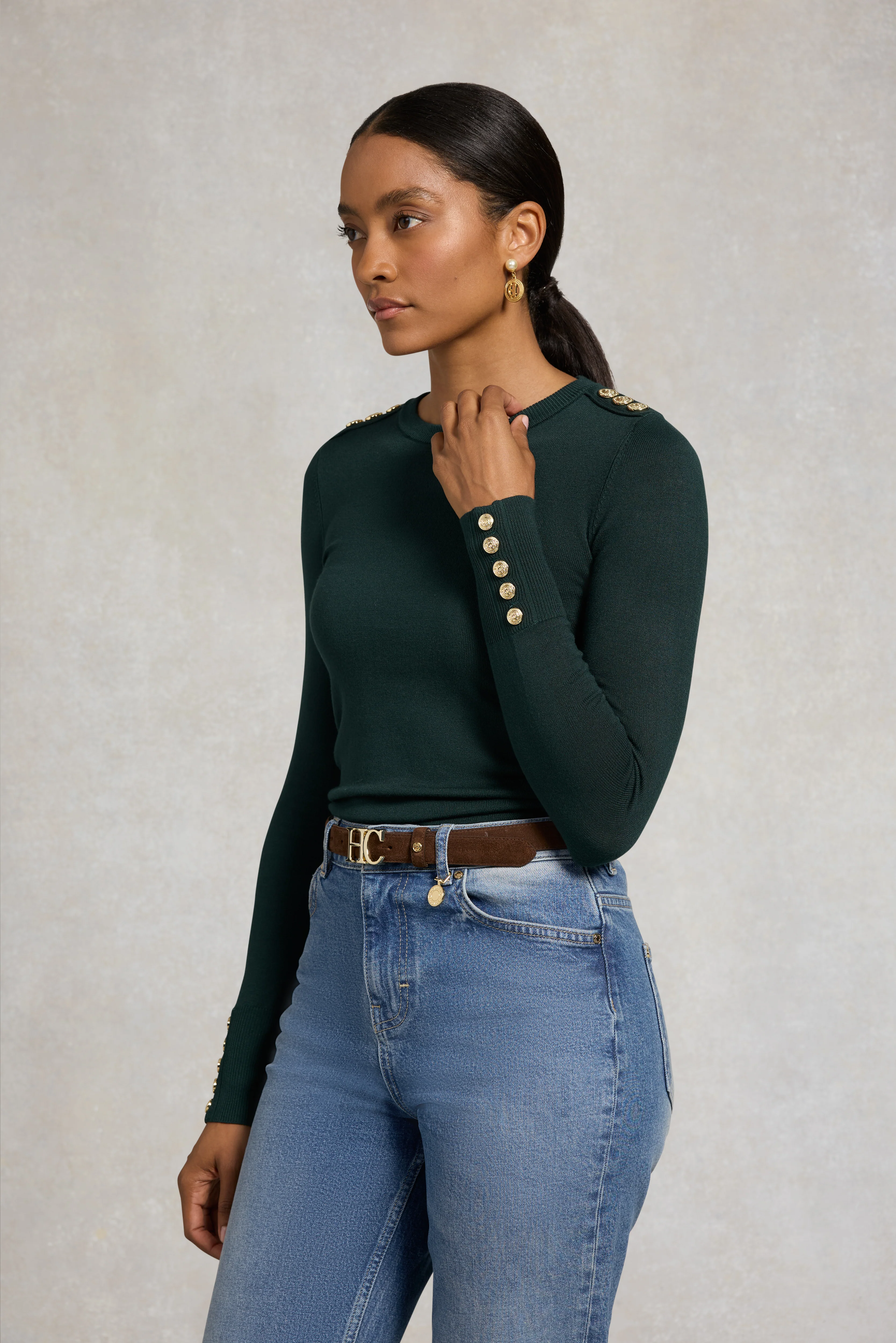 Buttoned Knit Crew Neck (Deep Emerald) - Image 8