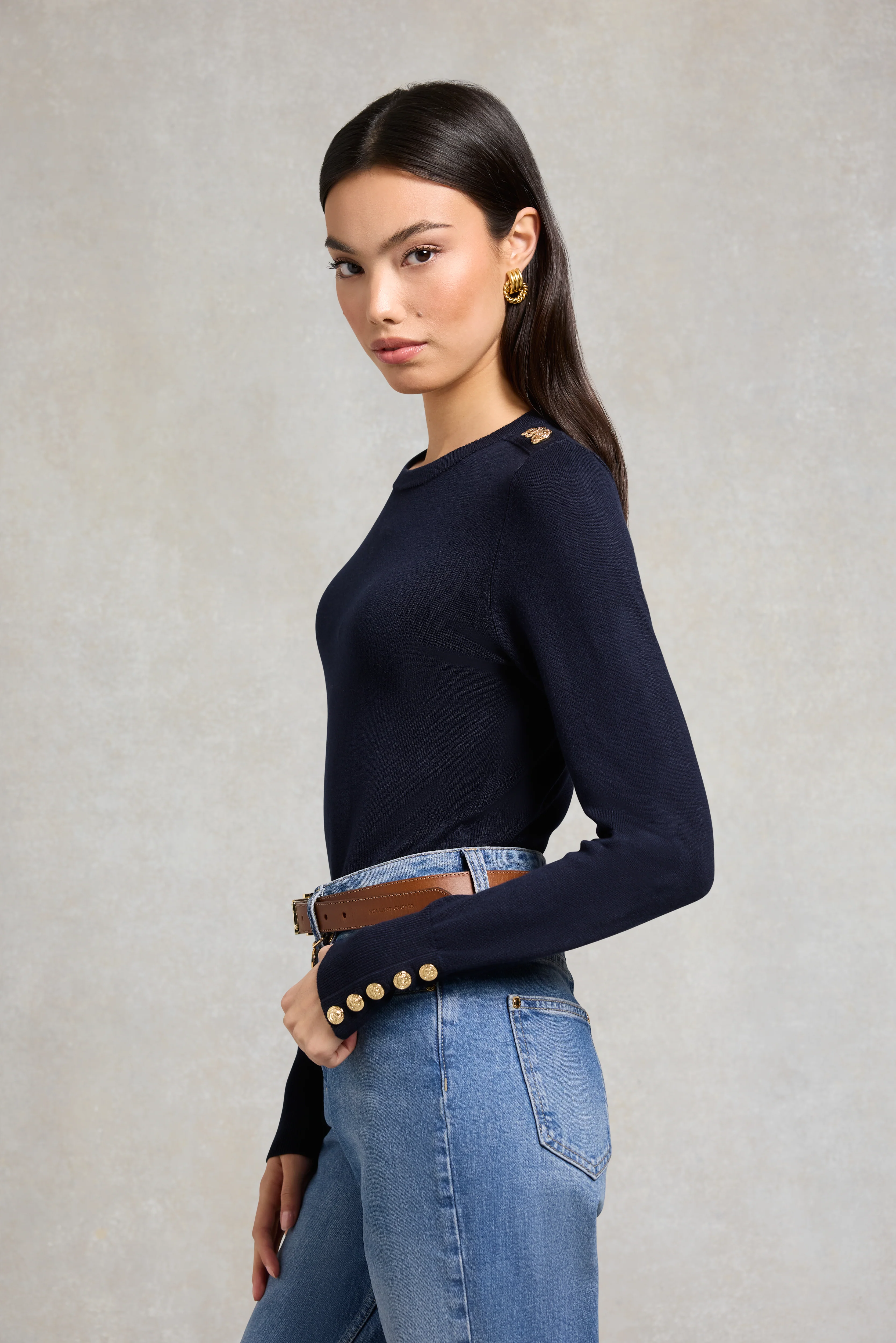 Buttoned Knit Crew Neck (Ink Navy) - Image 2