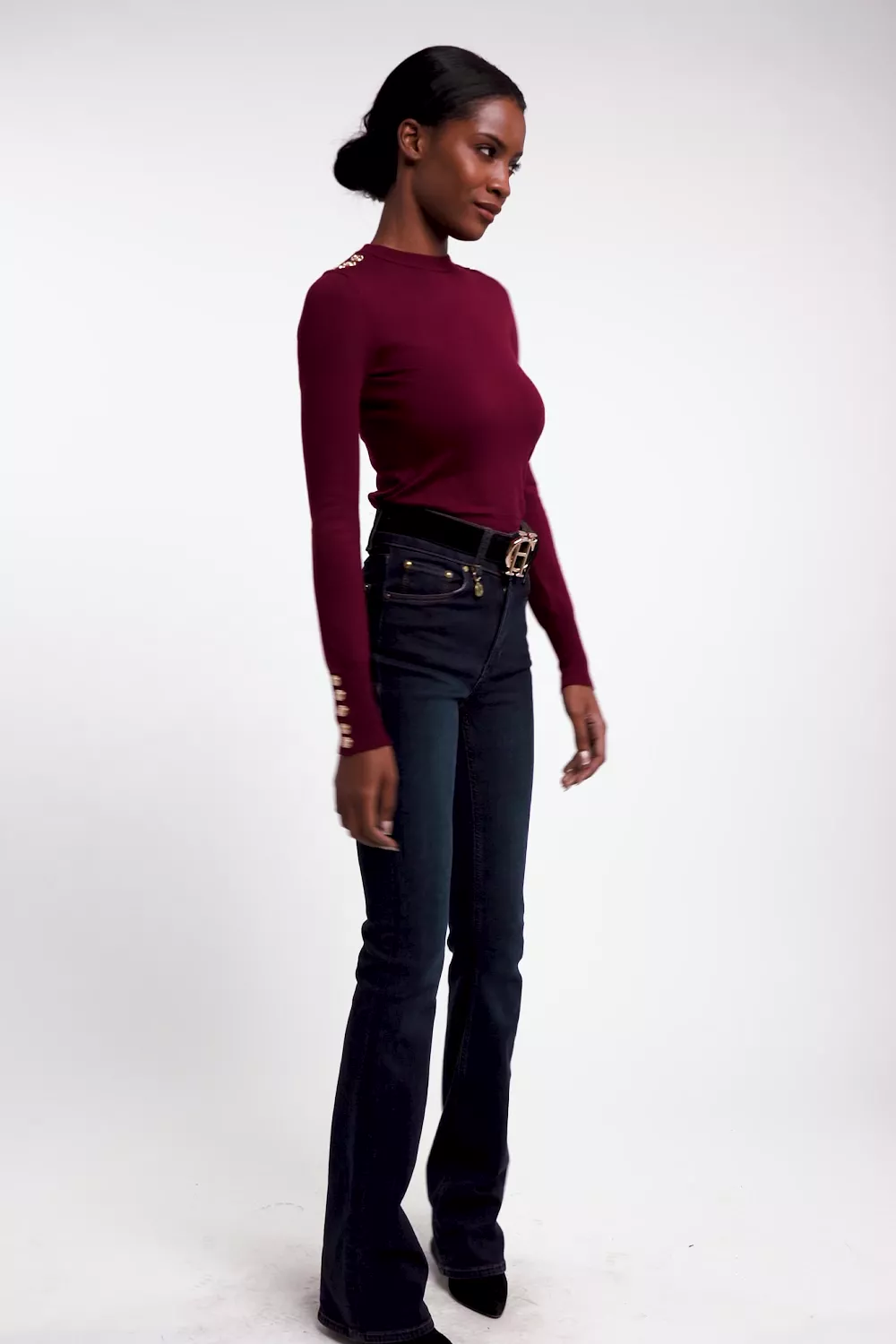 Buttoned Knit Crew Neck (Wine) - Image 5