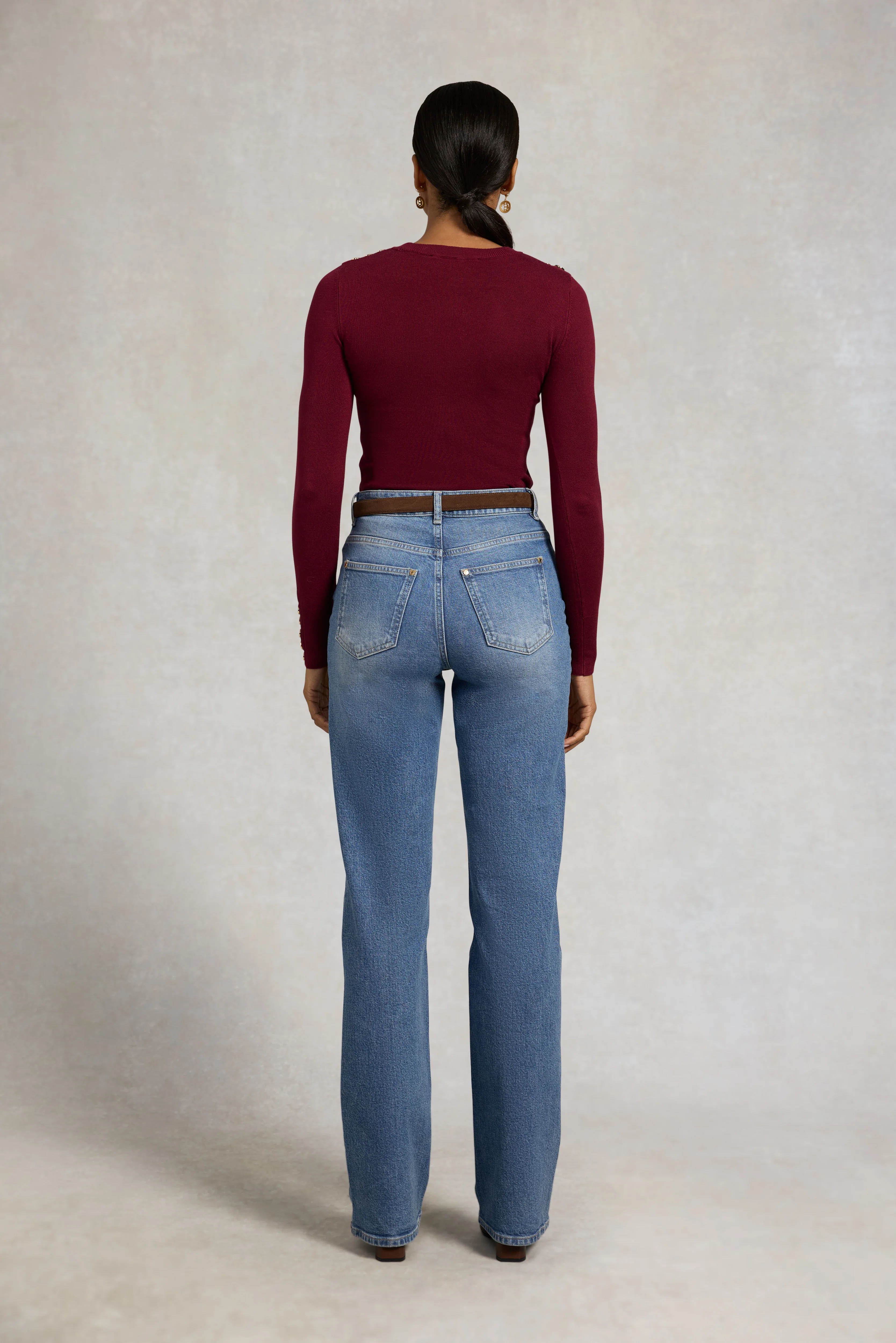 Buttoned Knit Crew Neck (Wine) - Image 6