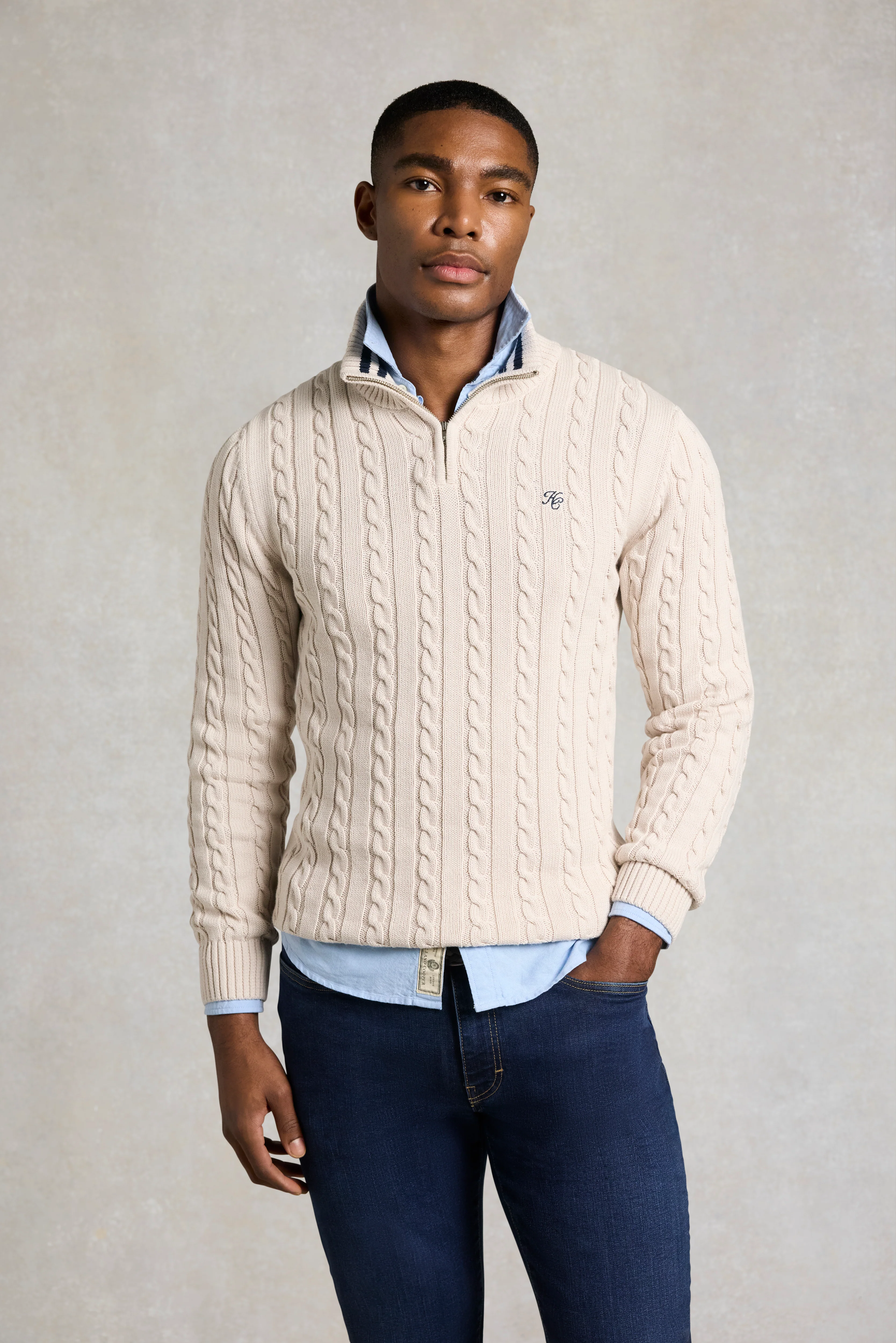 Men's Cable Quarter Zip Knit (Stone) - Image 2