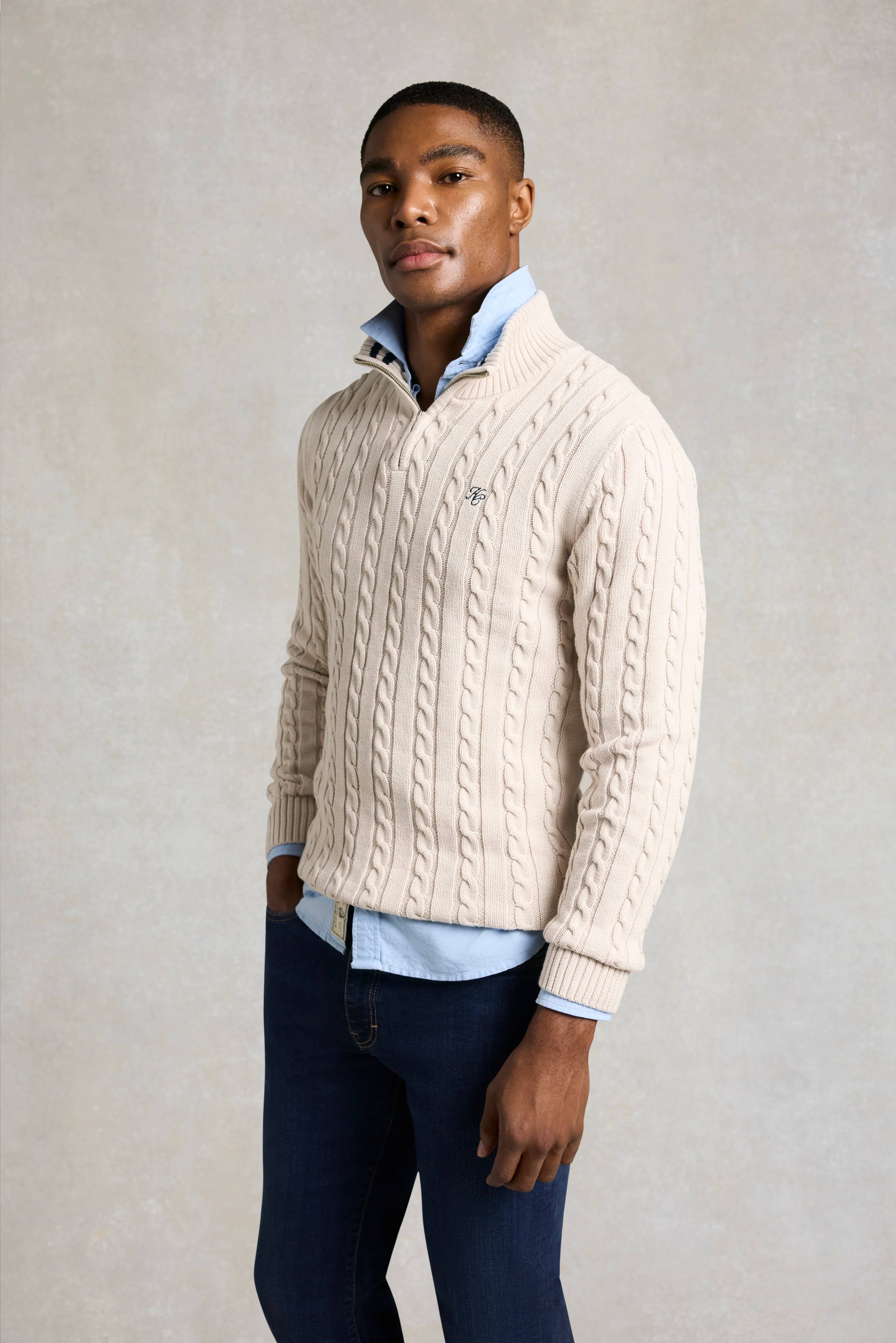 Men's Cable Quarter Zip Knit (Stone) - Image 5