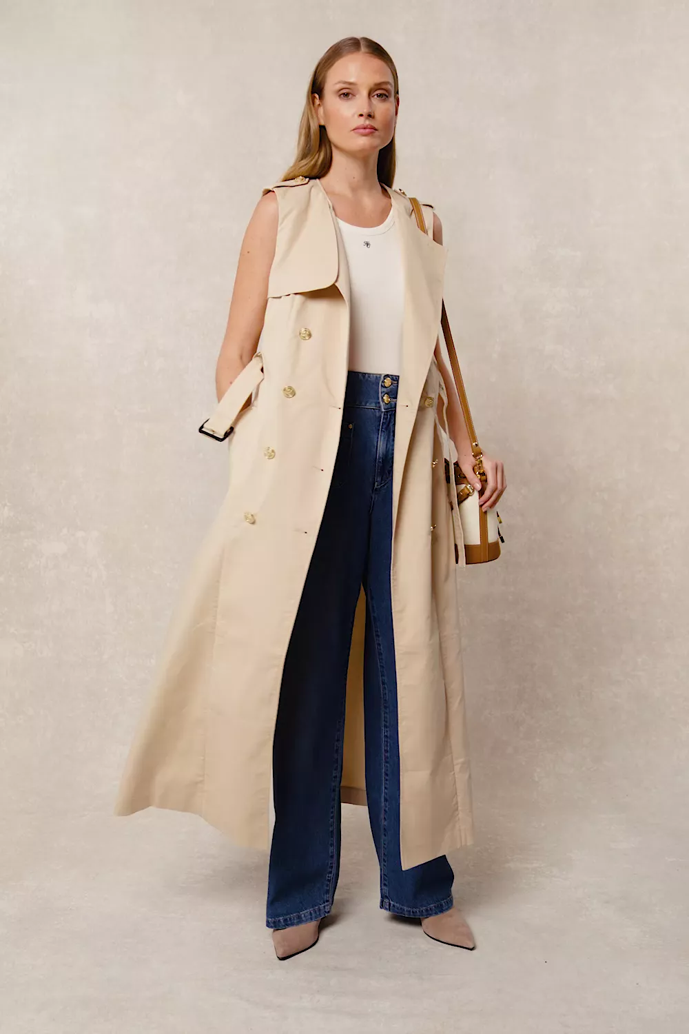 Collarless Trench Gilet (Stone) - Image 5