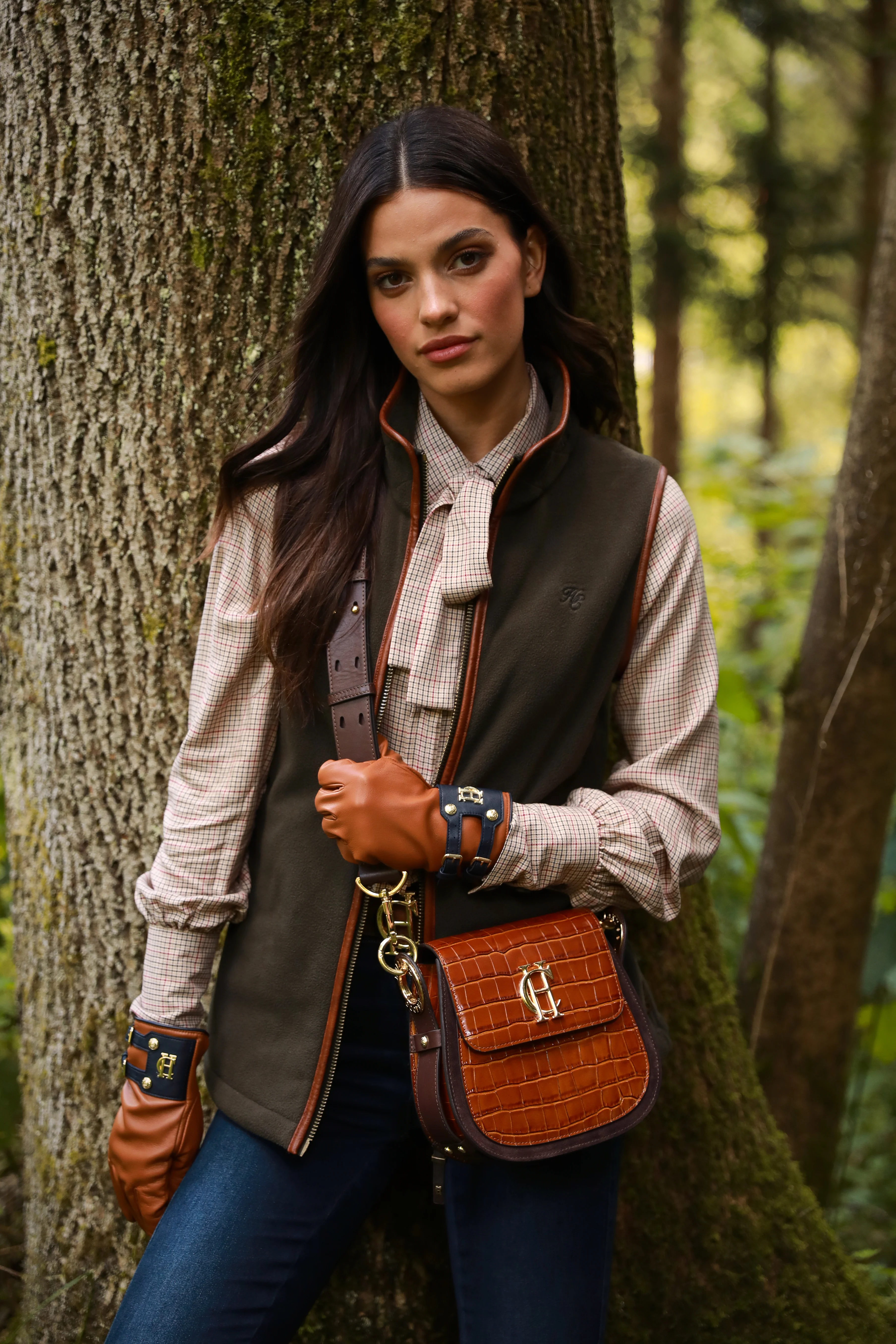 Contrast Leather Gloves (Tan Ink Navy) - Image 2