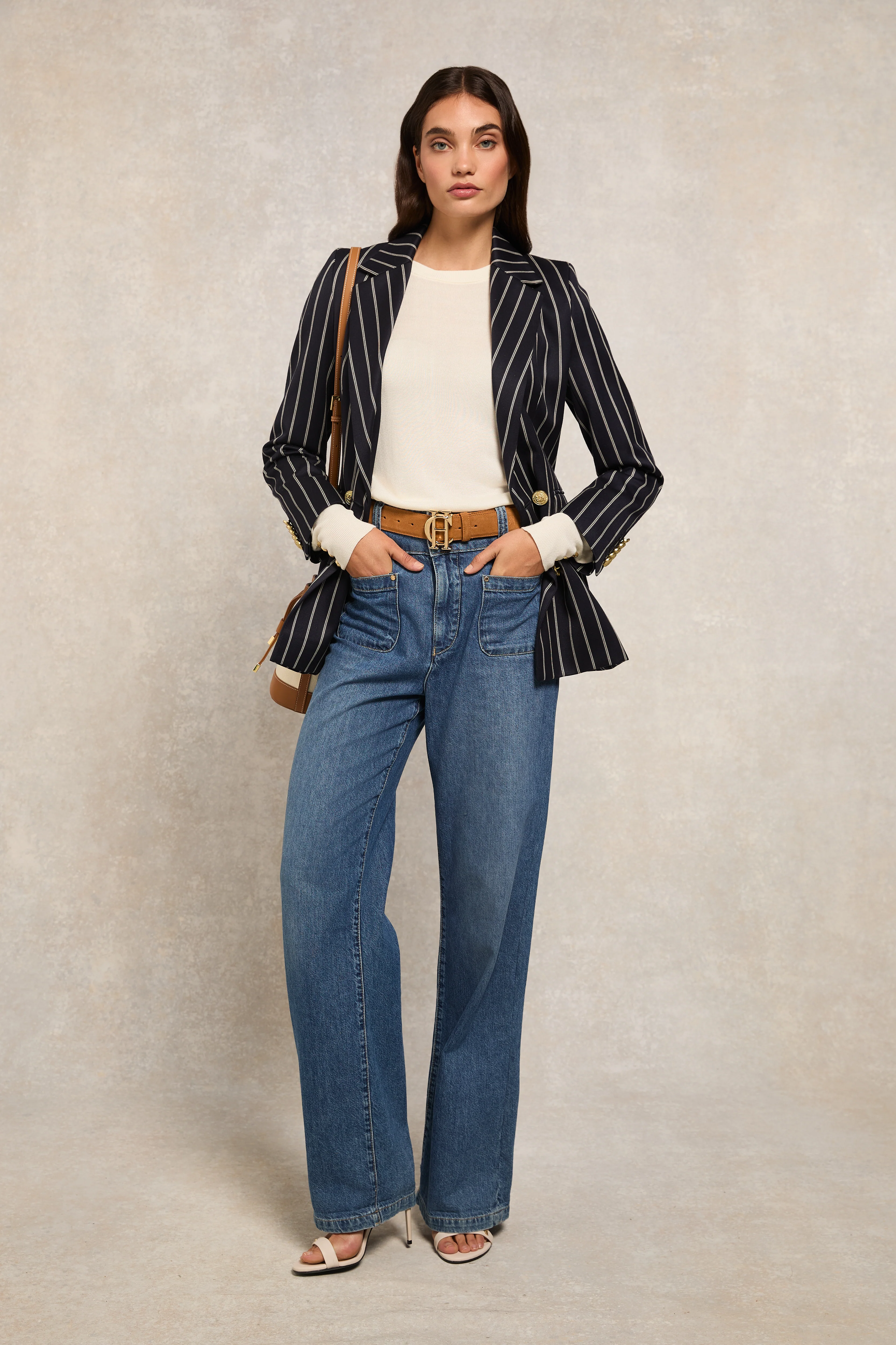Double Breasted Blazer (Ink Navy Wide Stripe) - Image 3