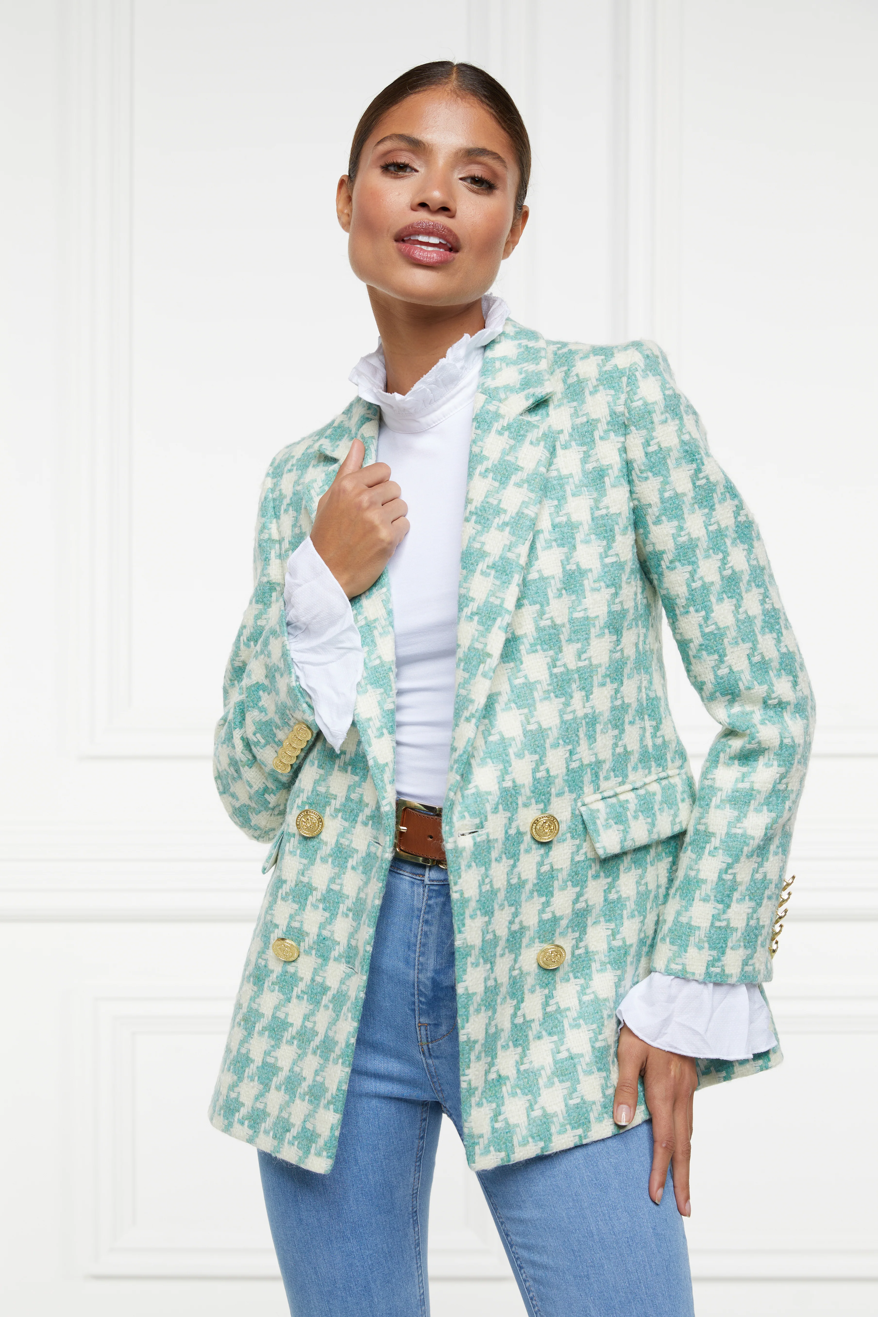 Double Breasted Blazer (Large Scale Teal Houndstooth) - Image 2