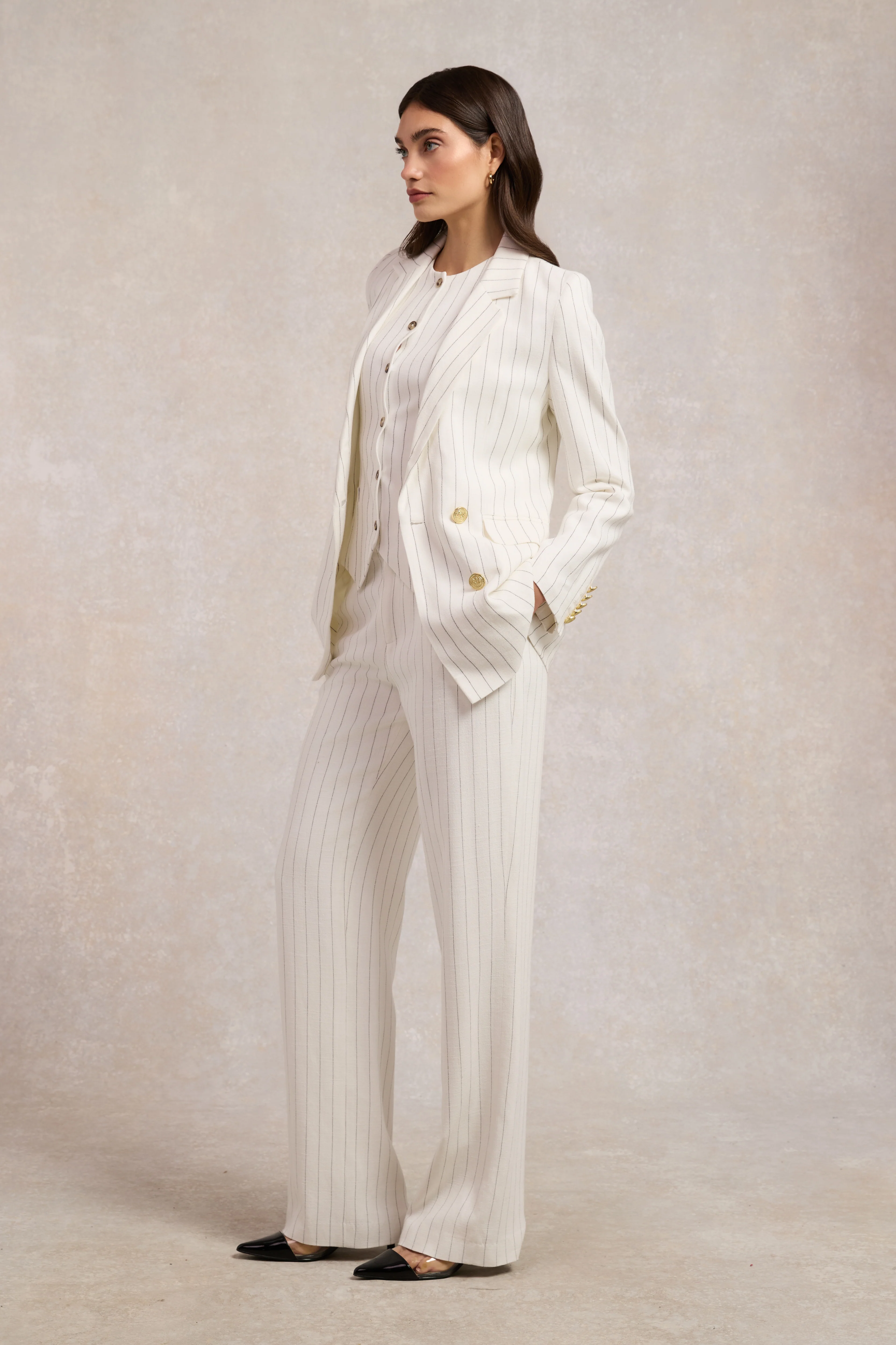 Double Breasted Blazer (Oyster Linen Pinstripe) - Image 3