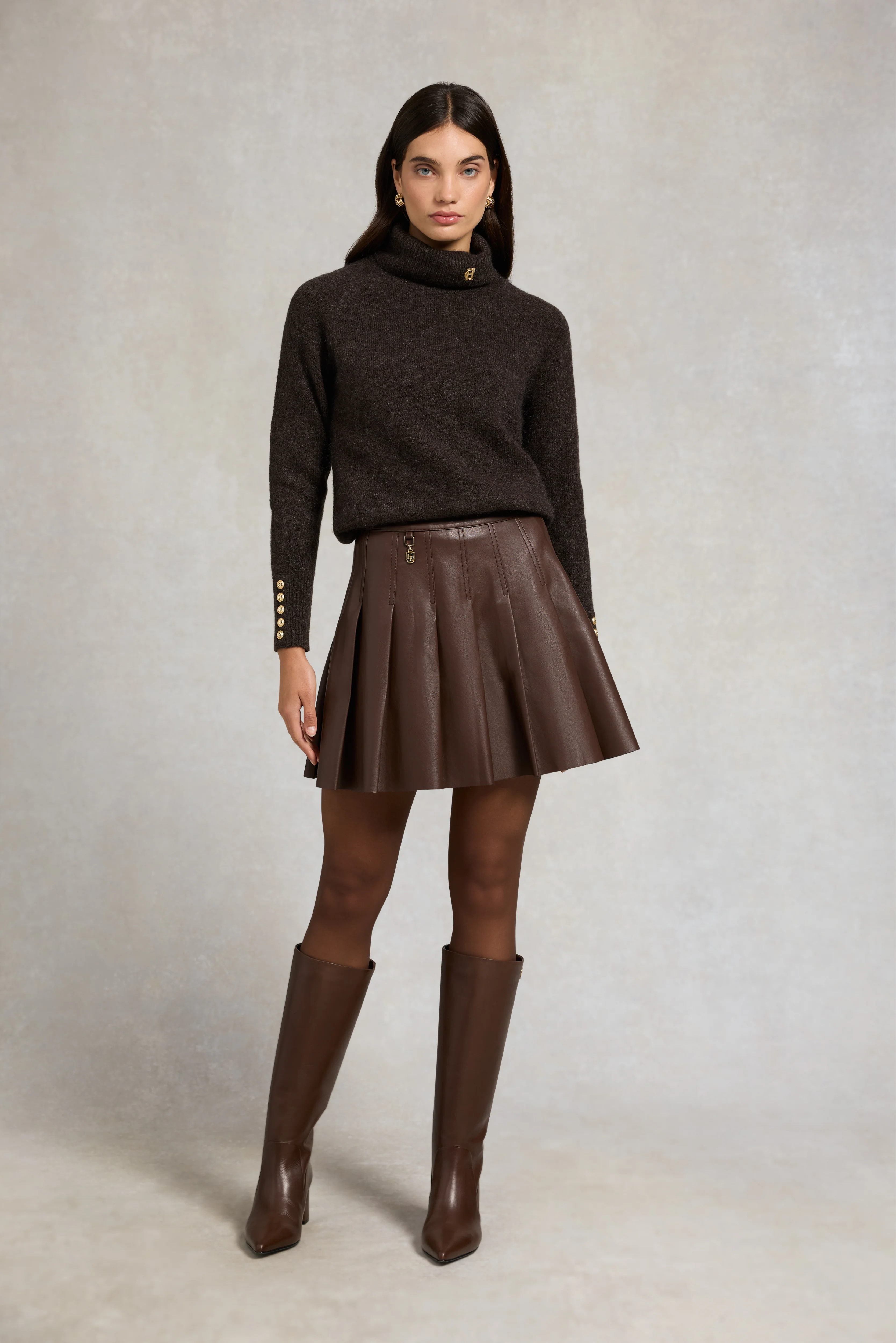 Faux Leather Pleated Mini Skirt (Espresso) - Image 2