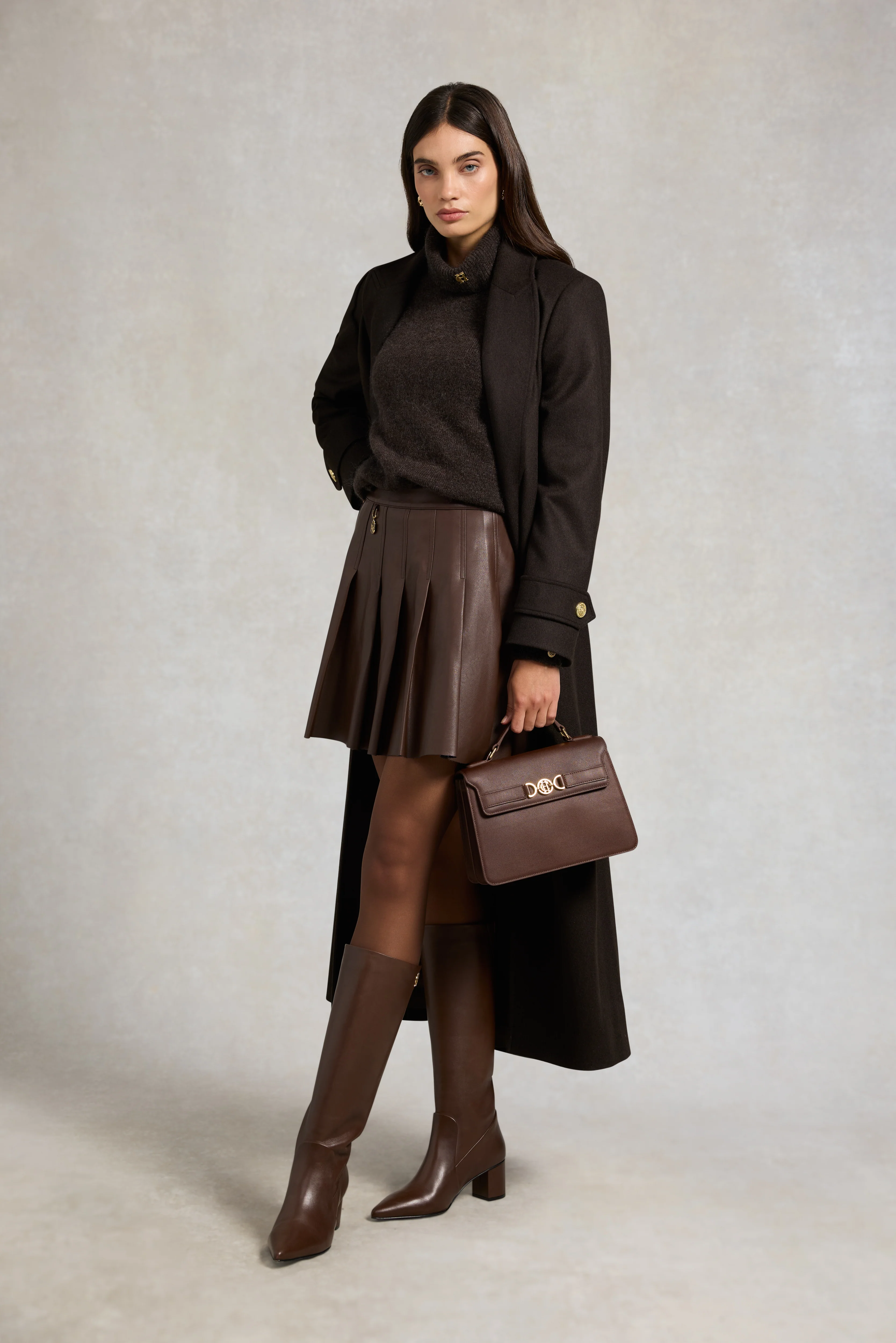 Faux Leather Pleated Mini Skirt (Espresso) - Image 3