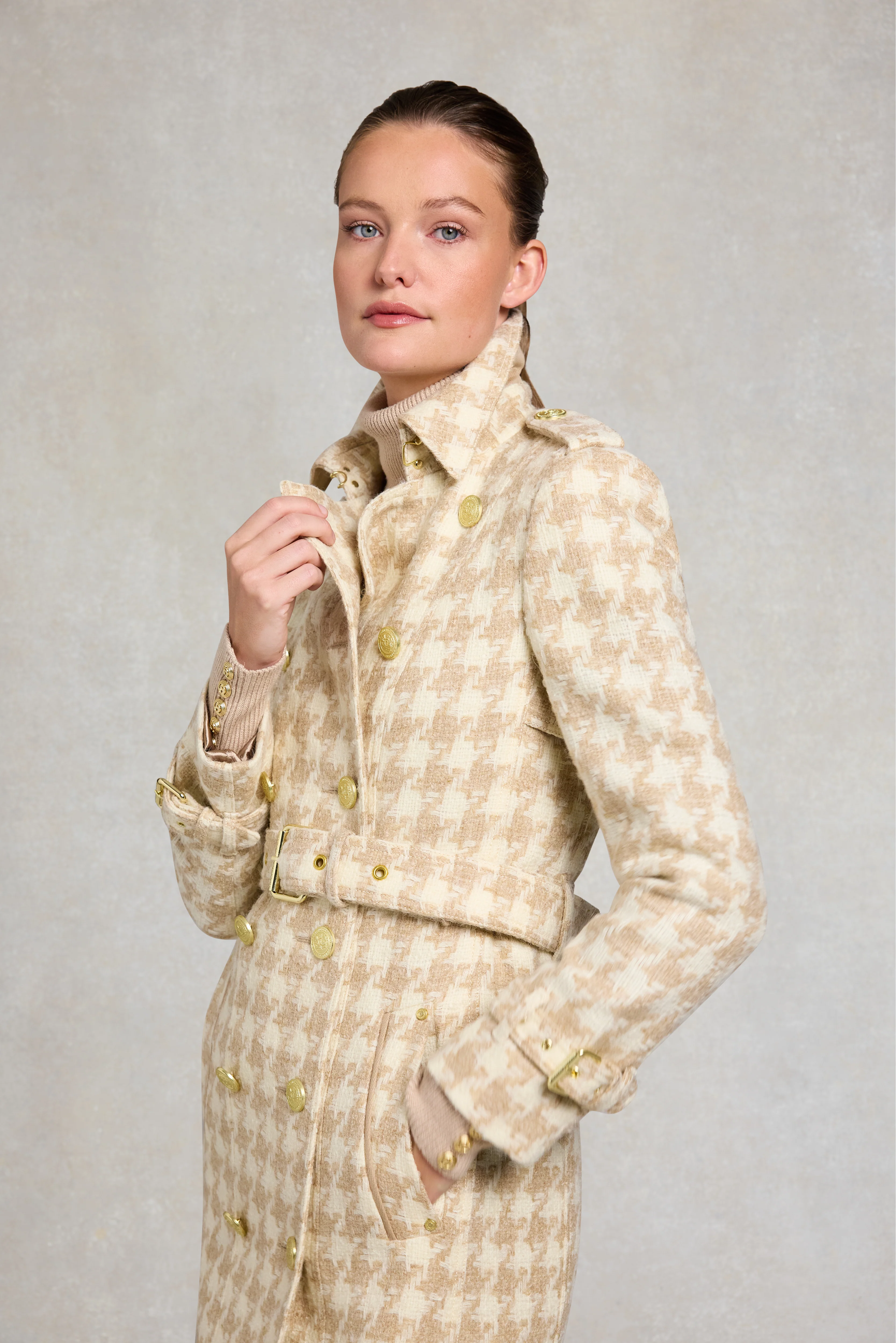 Full Length Marlborough Trench Coat (Camel Houndstooth) - Image 2