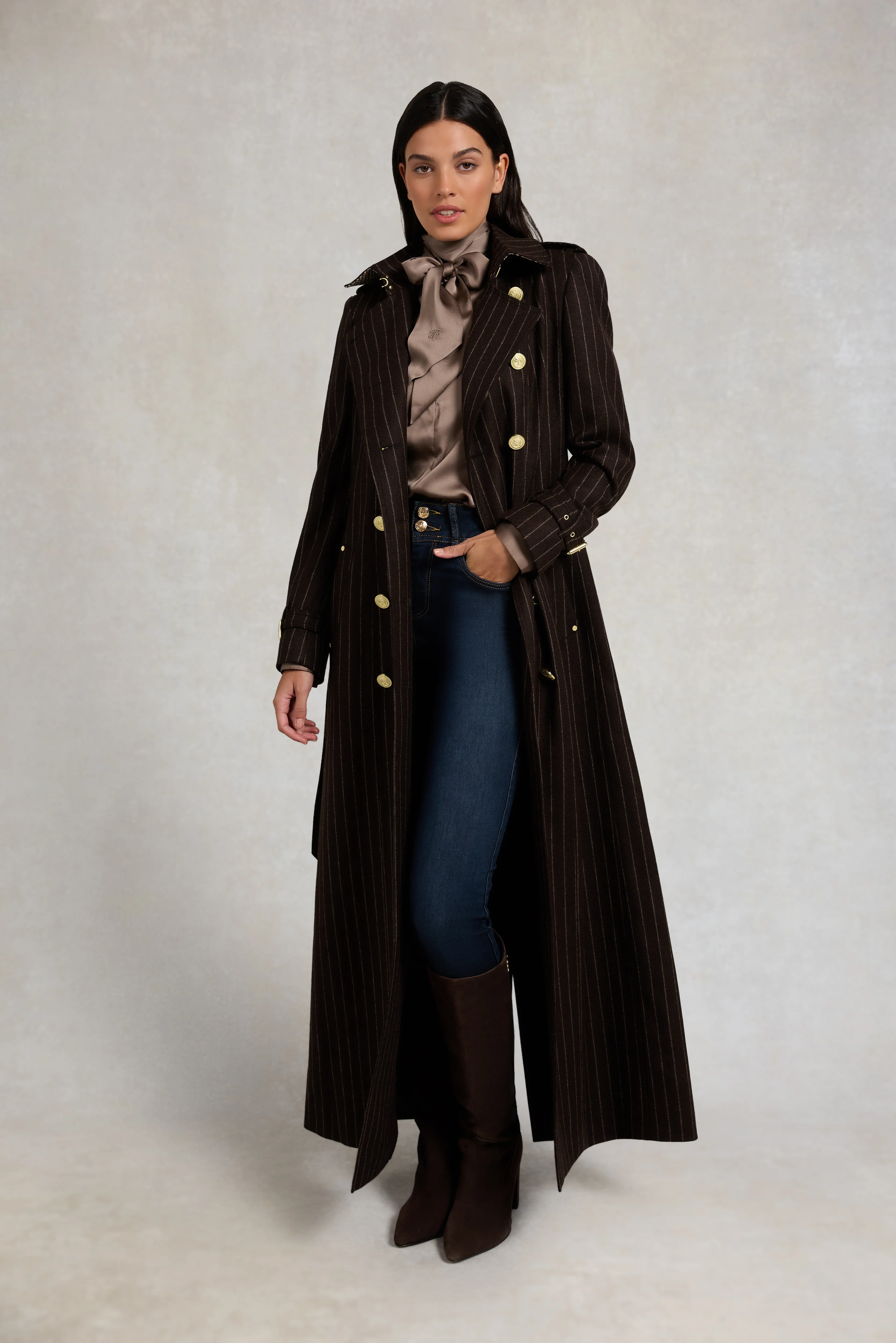 Full Length Marlborough Trench Coat (Chocolate Pinstripe) - Image 2