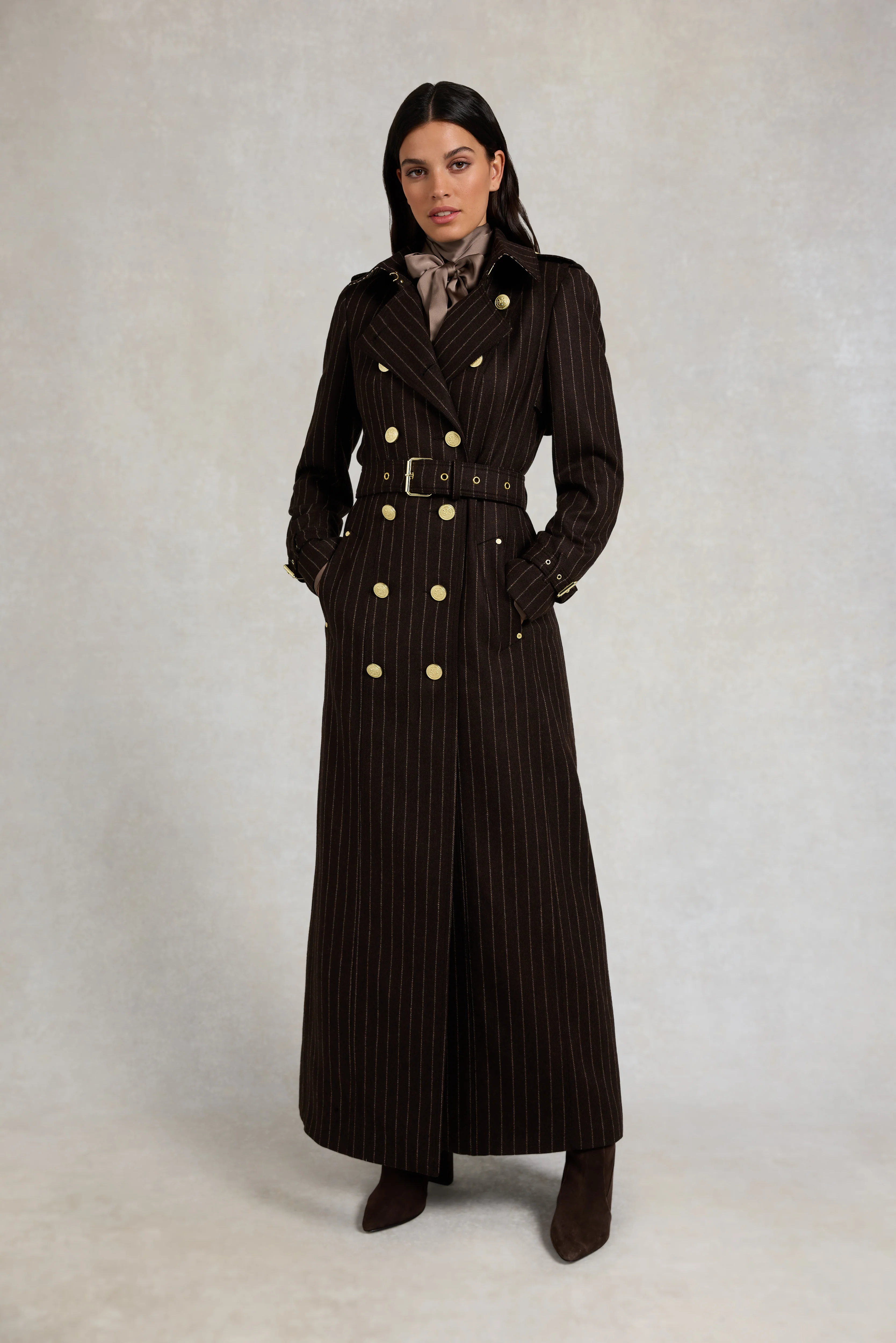 Full Length Marlborough Trench Coat (Chocolate Pinstripe) - Image 3