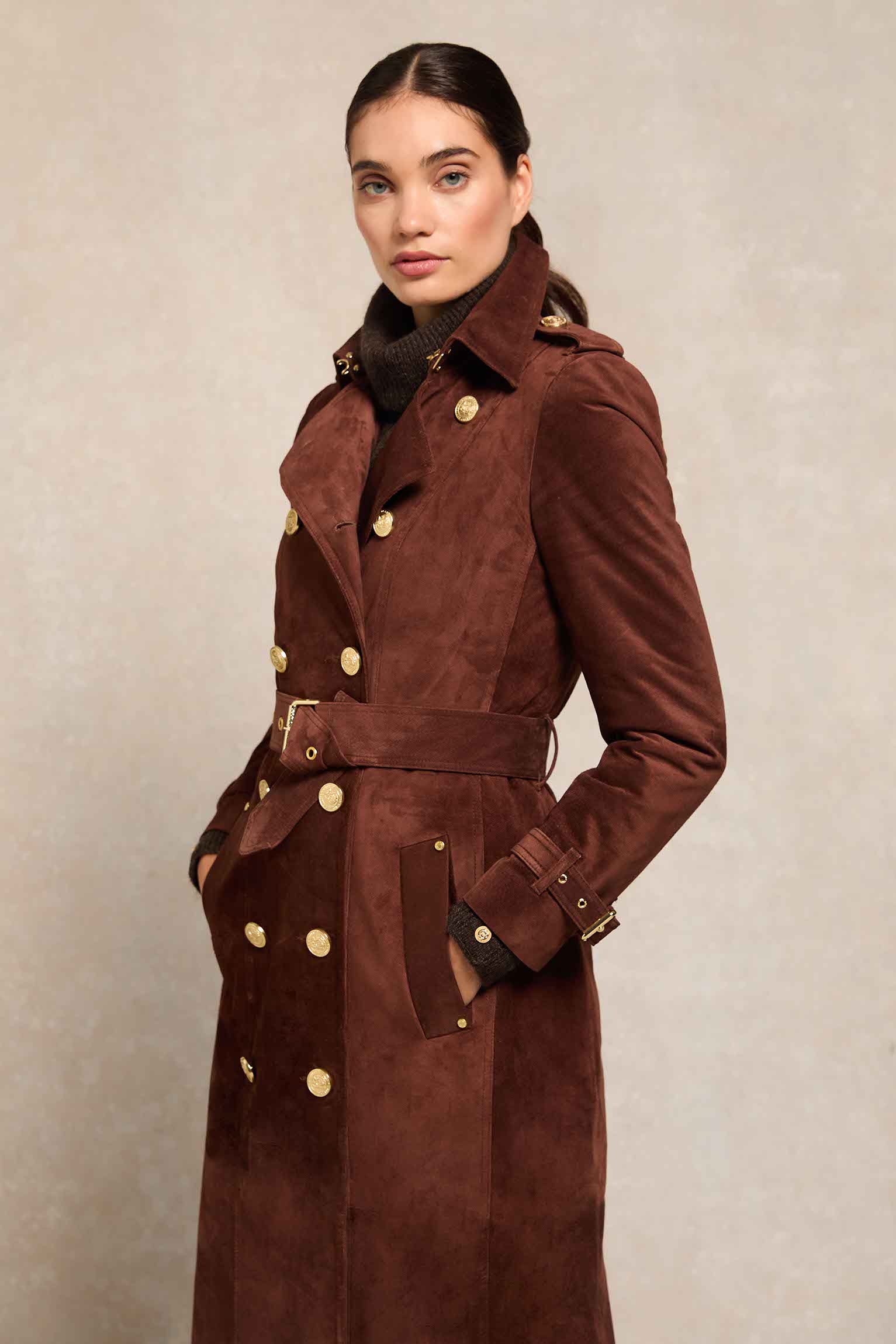 Full Length Marlborough Trench Coat (Chocolate Suede) - Image 2
