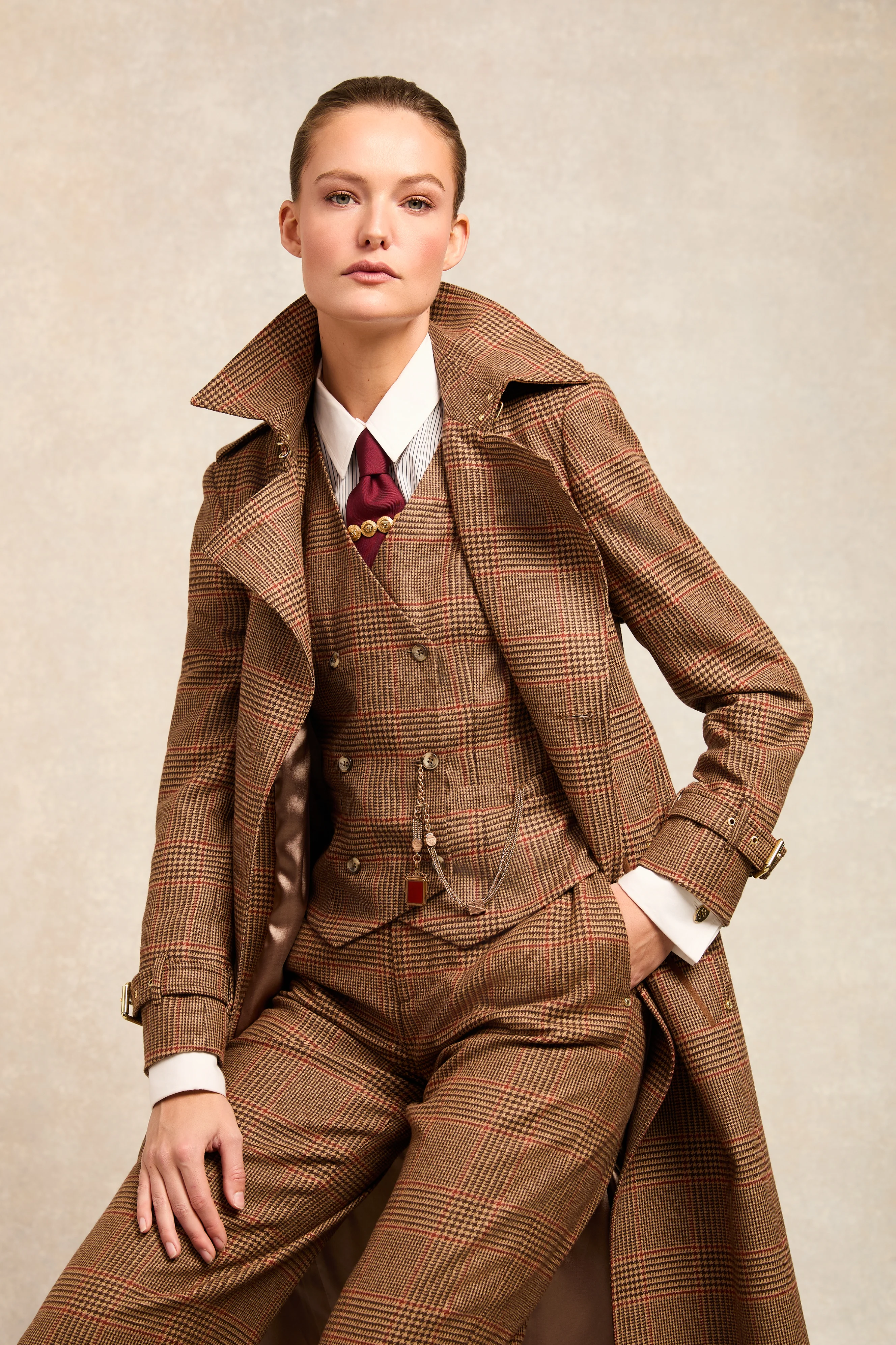 Full Length Marlborough Trench Coat (Clarence Check Merlot) - Image 3