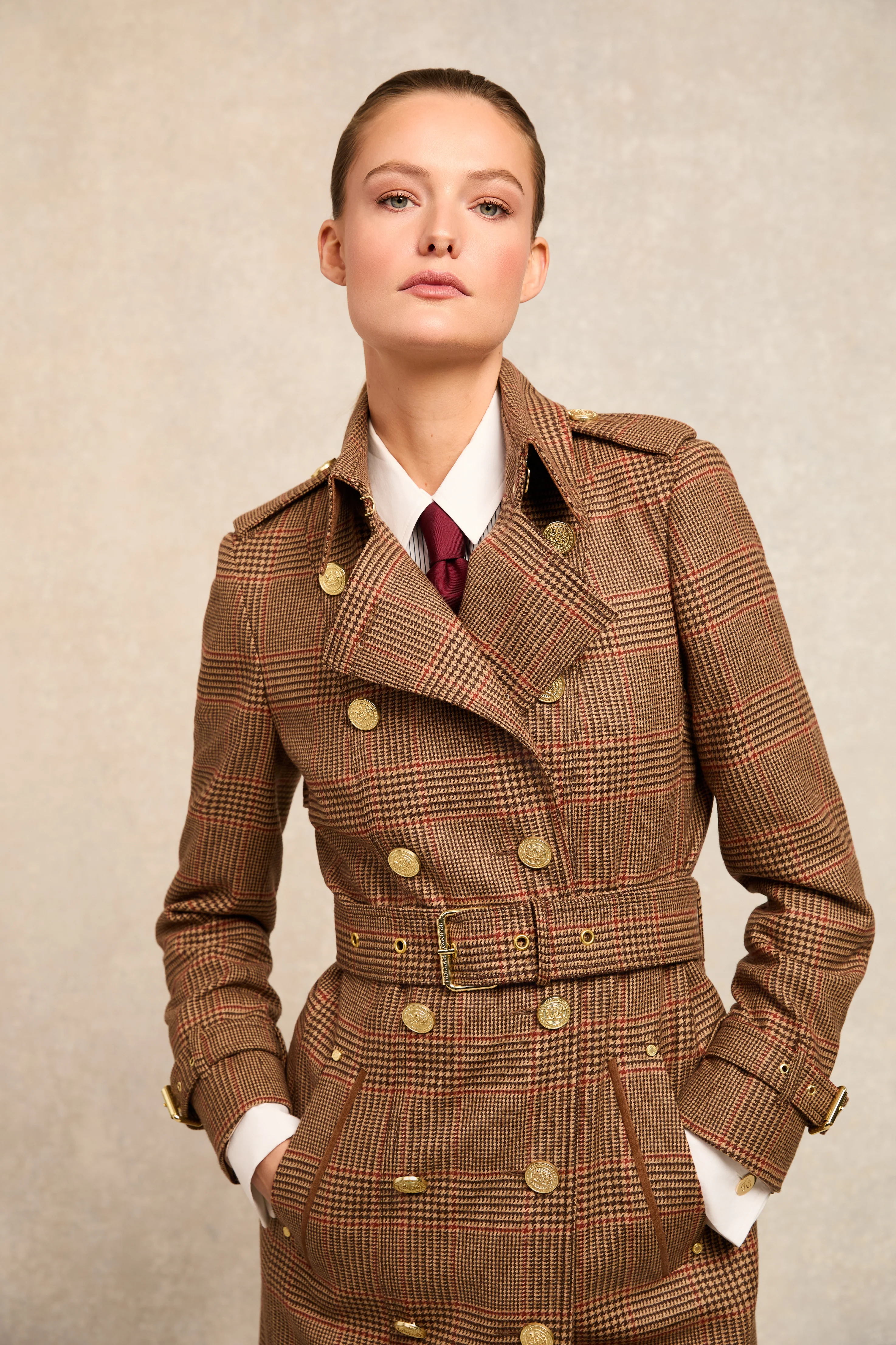Full Length Marlborough Trench Coat (Clarence Check Merlot) - Image 7