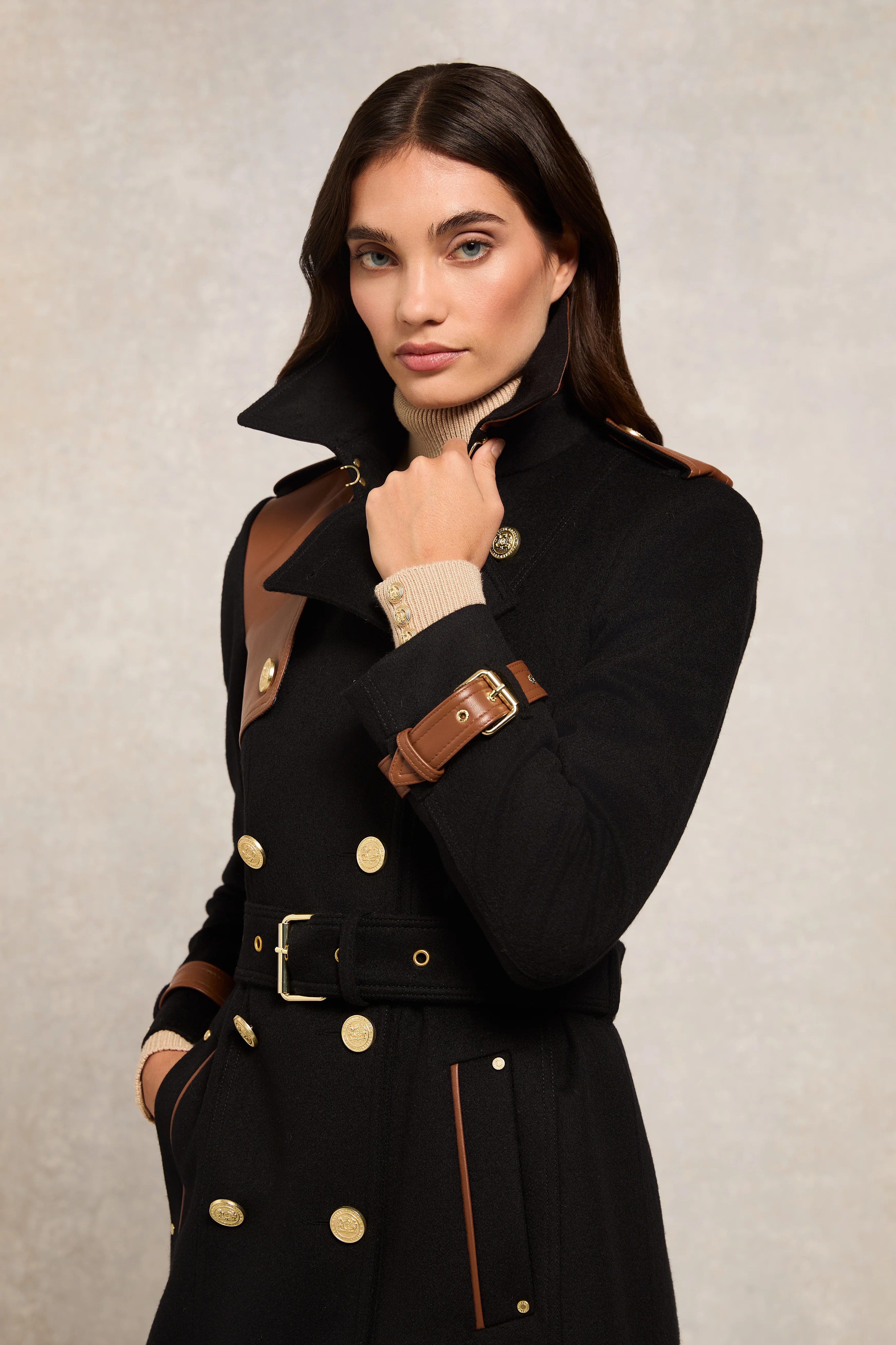 Full Length Marlborough Trench Coat (Soft Black Tan) - Image 10