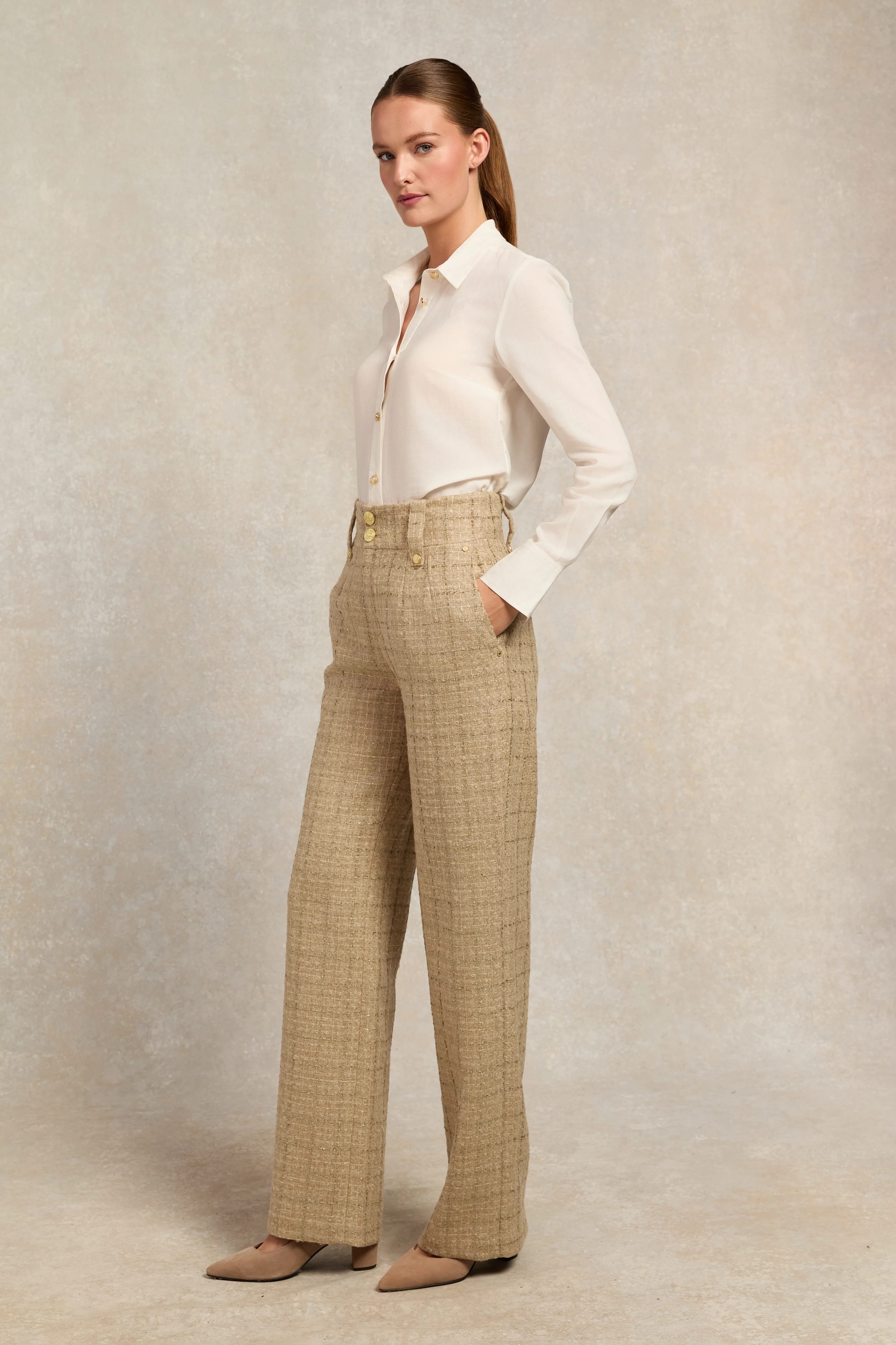 High Waisted Straight Trouser (Camel Sparkle Tweed) - Image 2