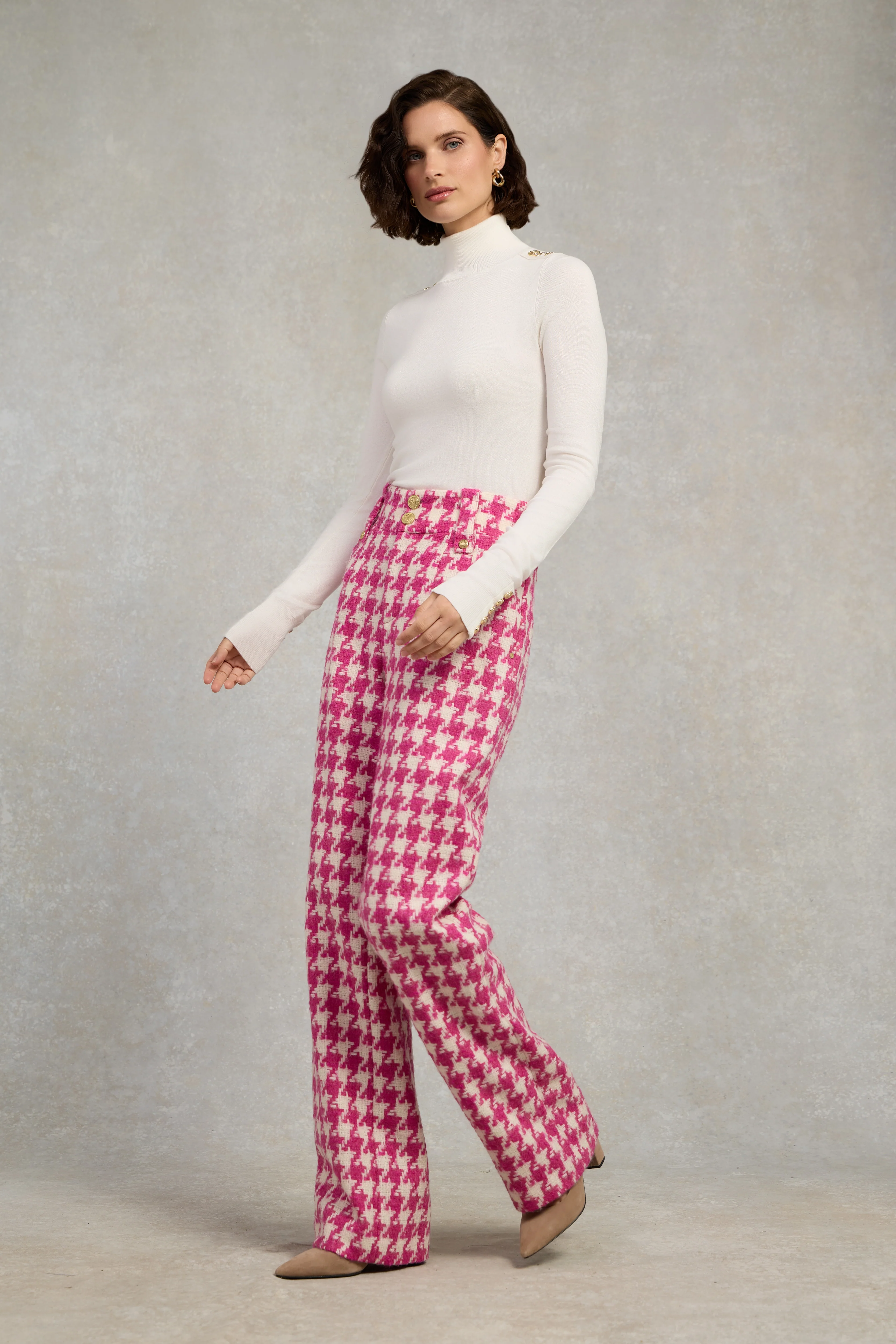 High Waisted Straight Trouser (Hot Pink Large Scale Houndstooth) - Image 2