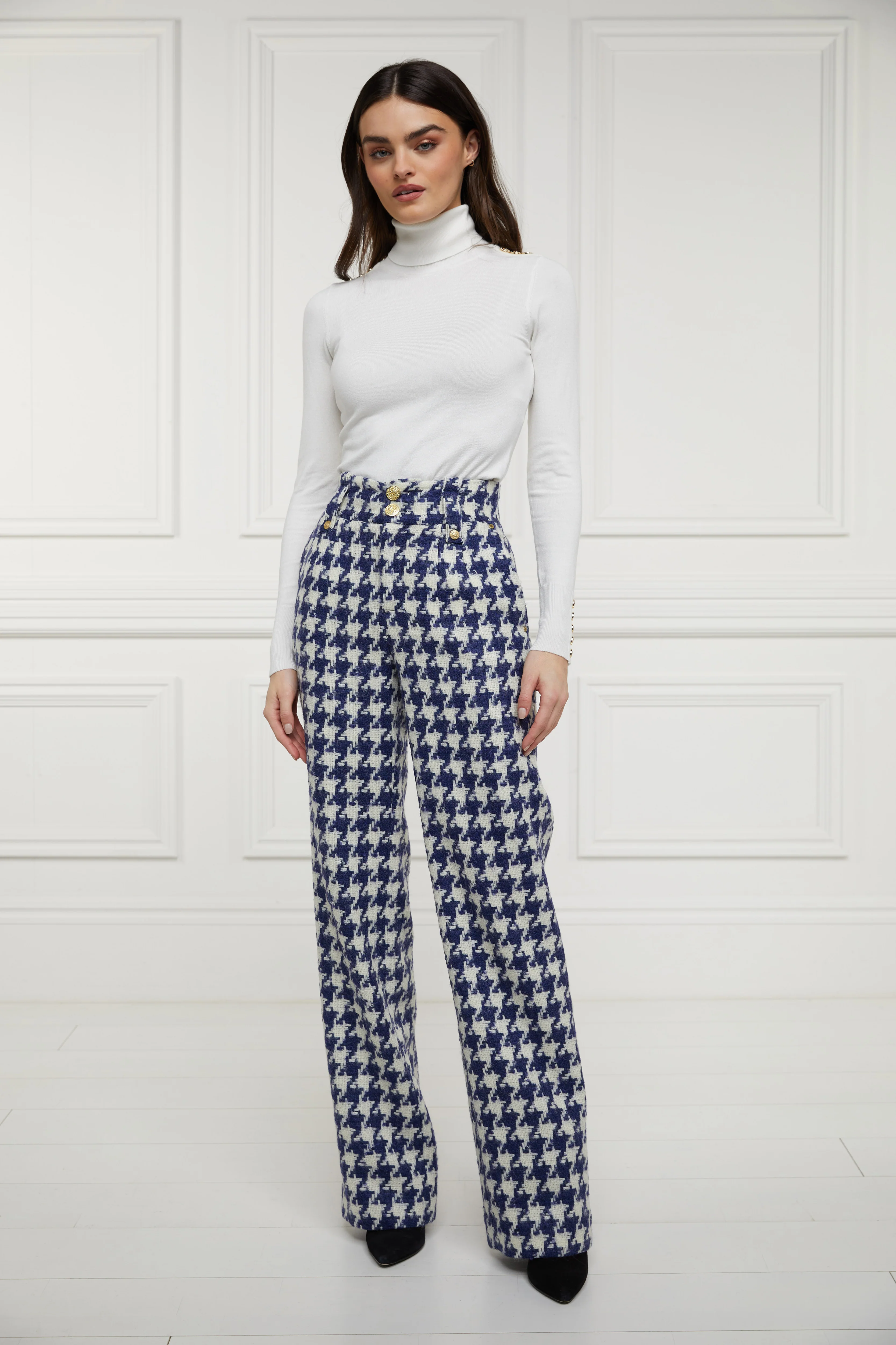 High Waisted Straight Trouser (Large Scale Navy Houndstooth) - Image 10
