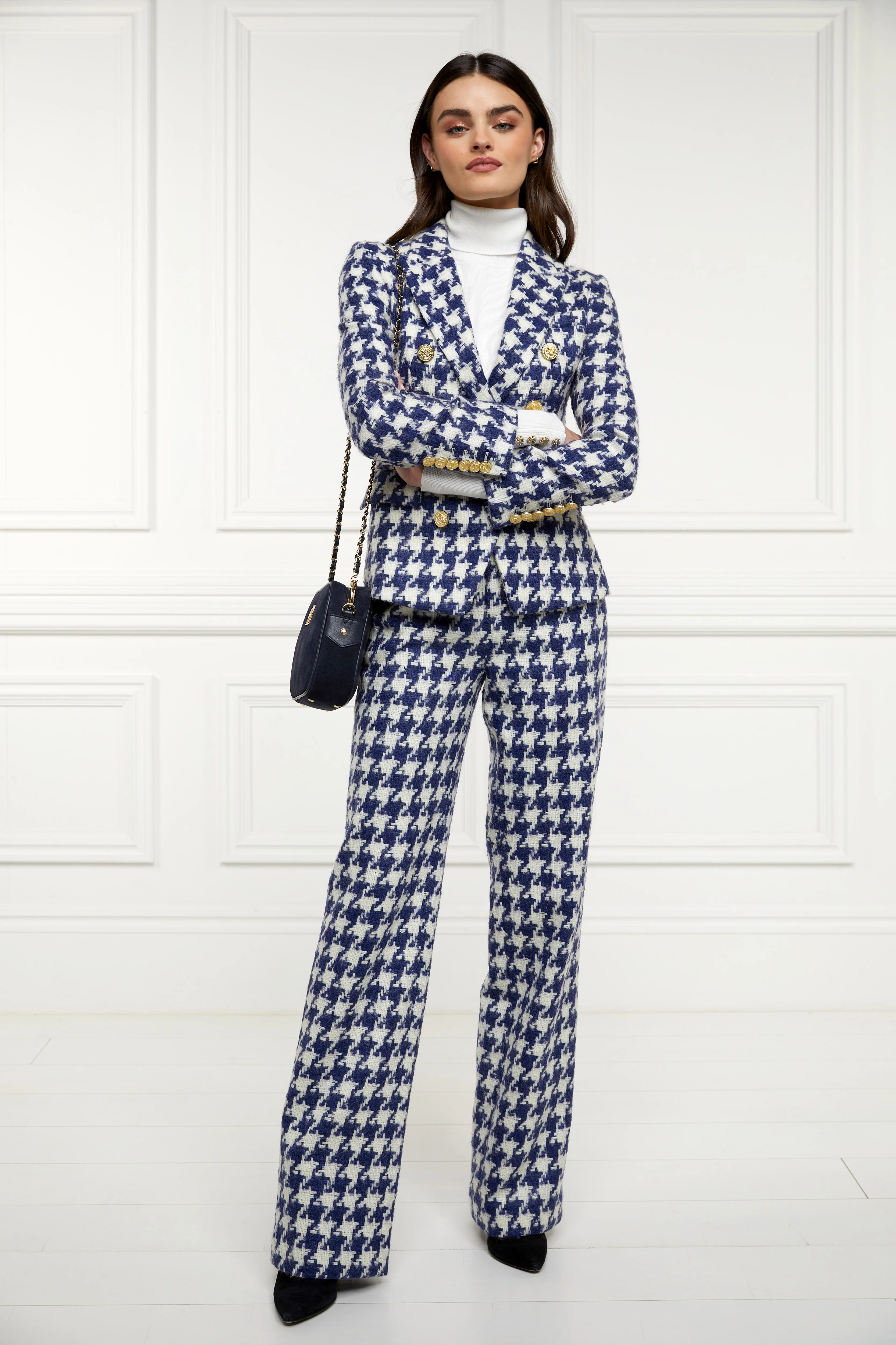 High Waisted Straight Trouser (Large Scale Navy Houndstooth) - Image 2