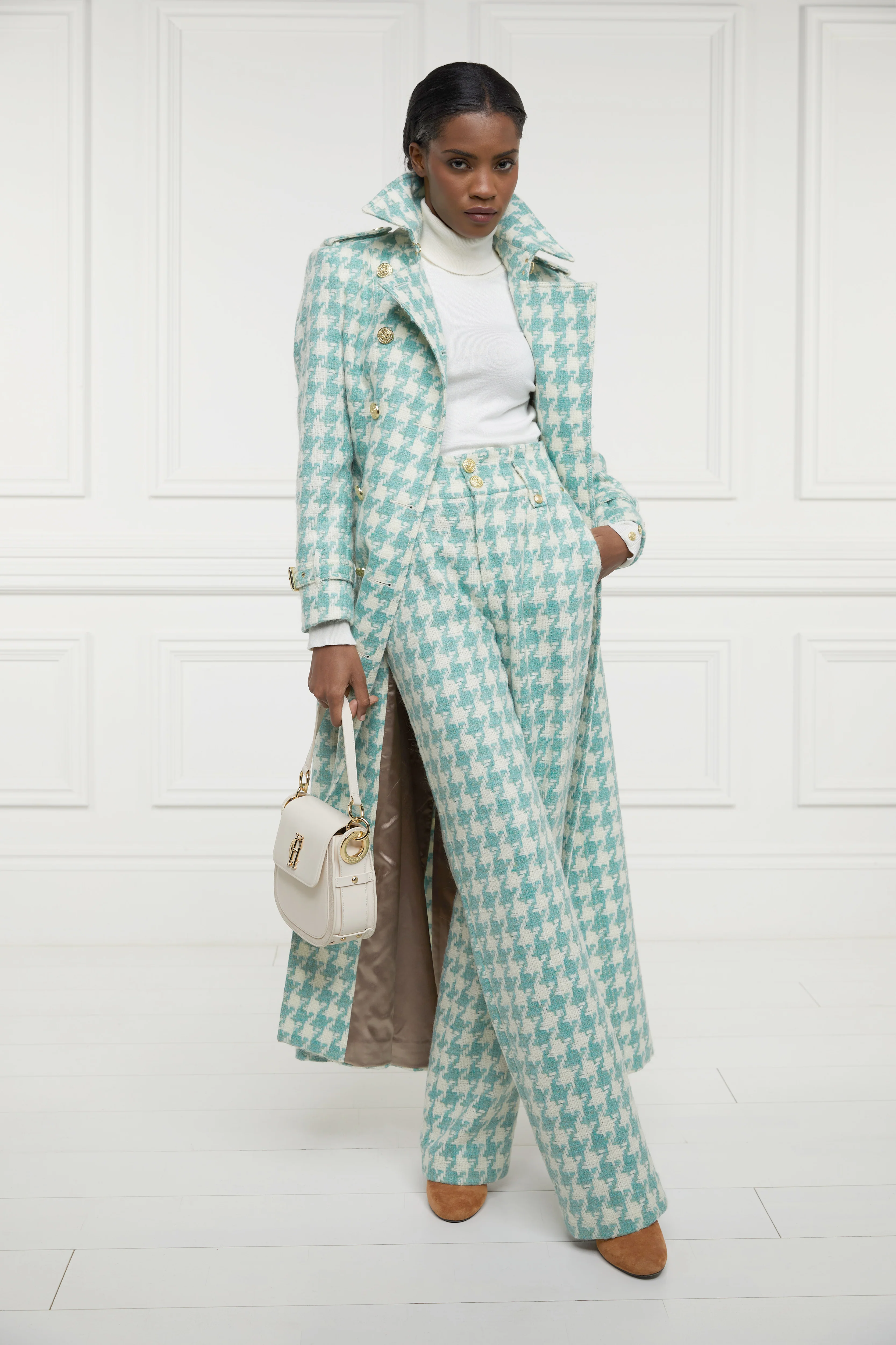 High Waisted Straight Trouser (Large Scale Teal Houndstooth) - Image 3
