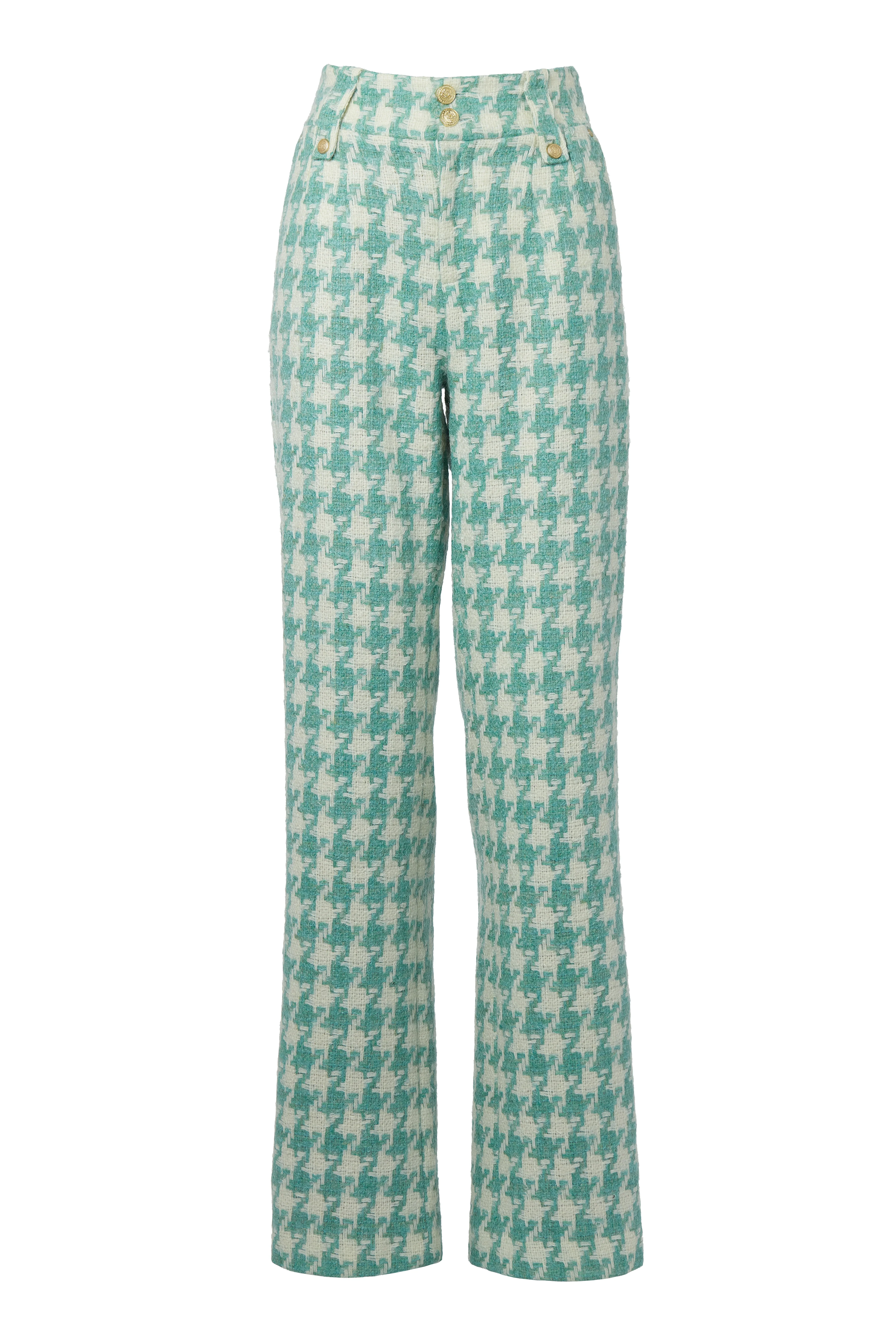 High Waisted Straight Trouser (Large Scale Teal Houndstooth) - Image 4