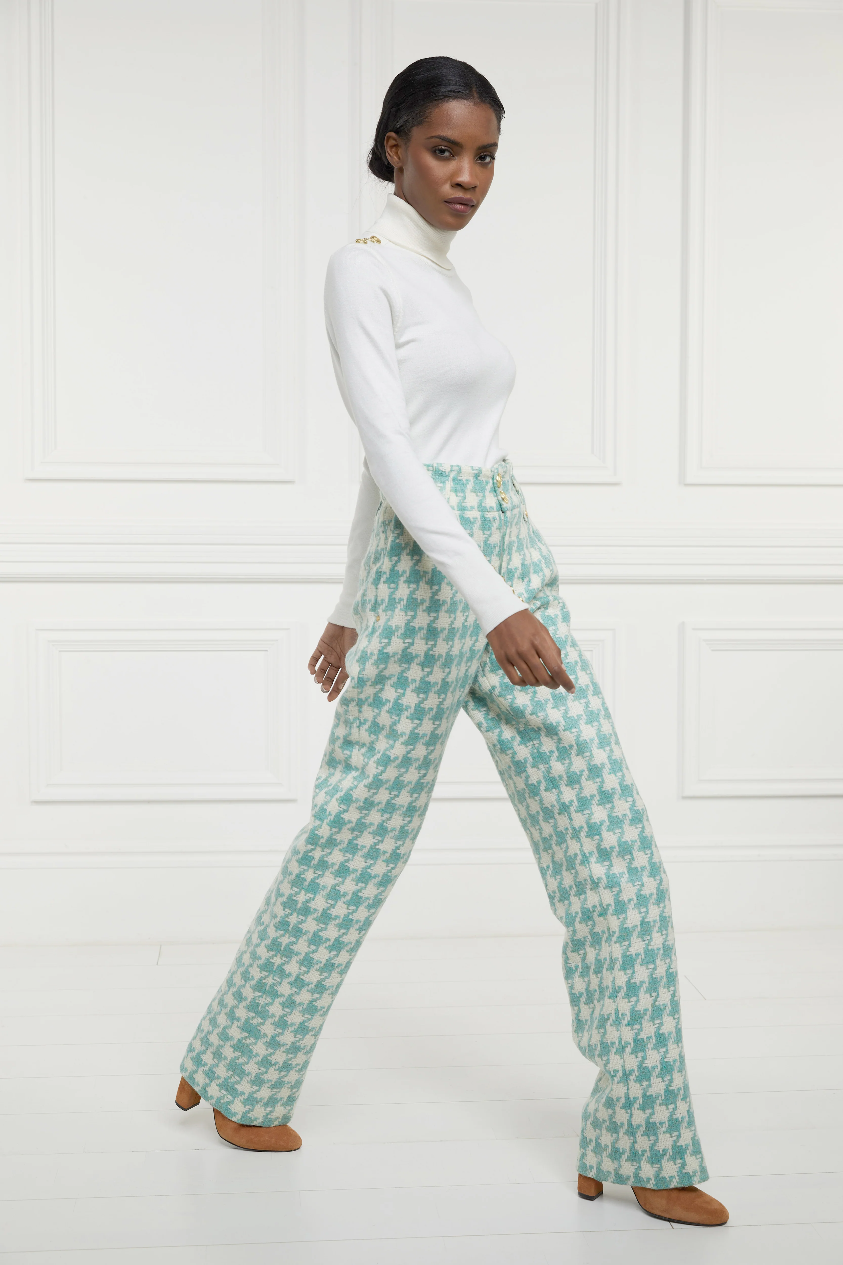 High Waisted Straight Trouser (Large Scale Teal Houndstooth) - Image 9