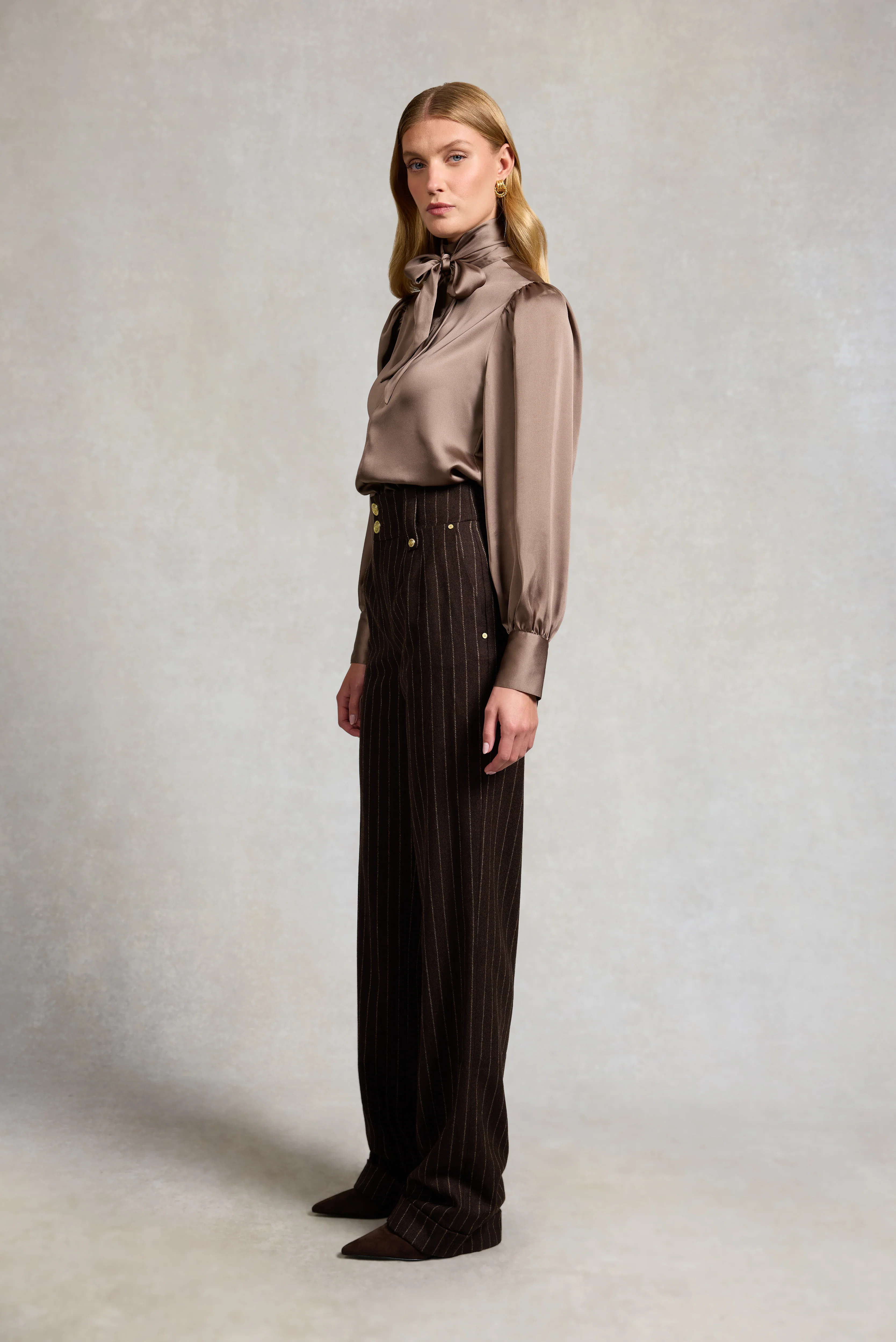 High Waisted Wide Leg Trouser (Chocolate Pinstripe) - Image 2