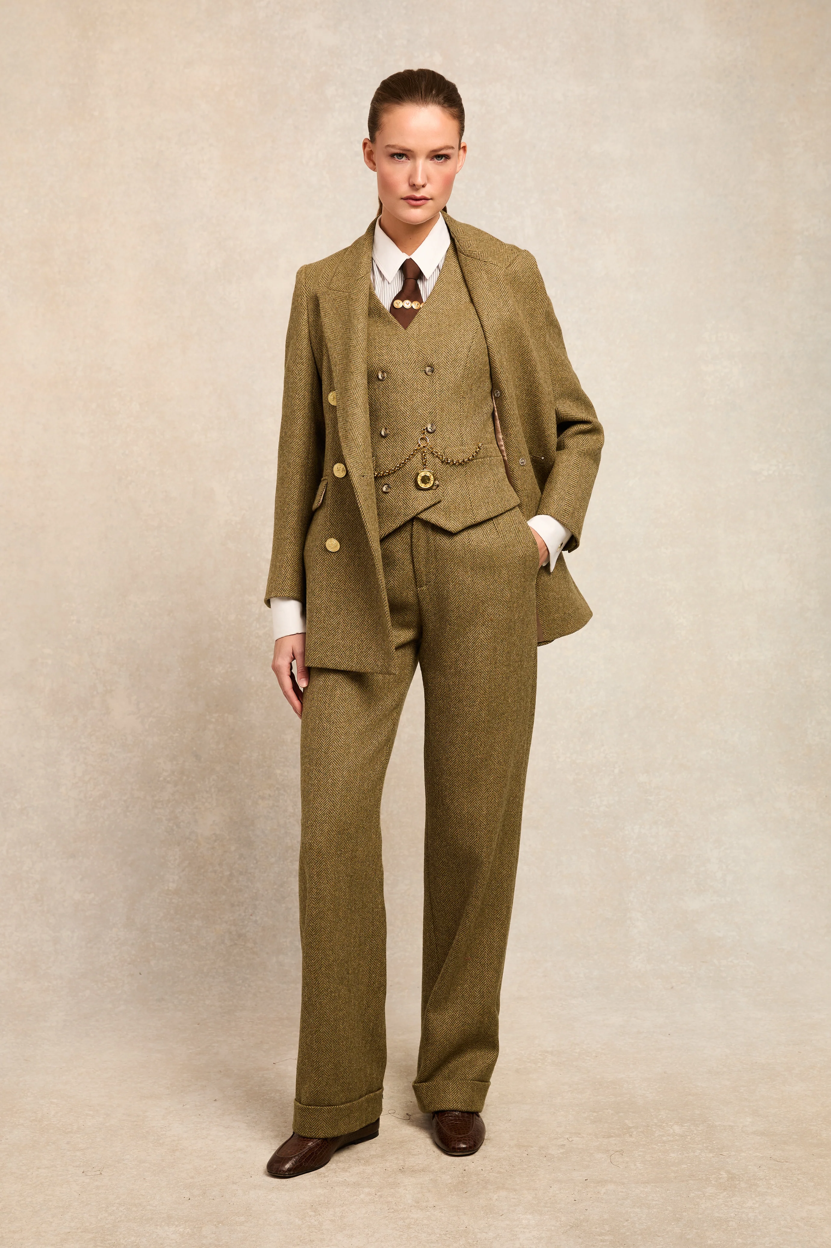 High Waisted Wide Leg Trouser (Moss Herringbone) - Image 2