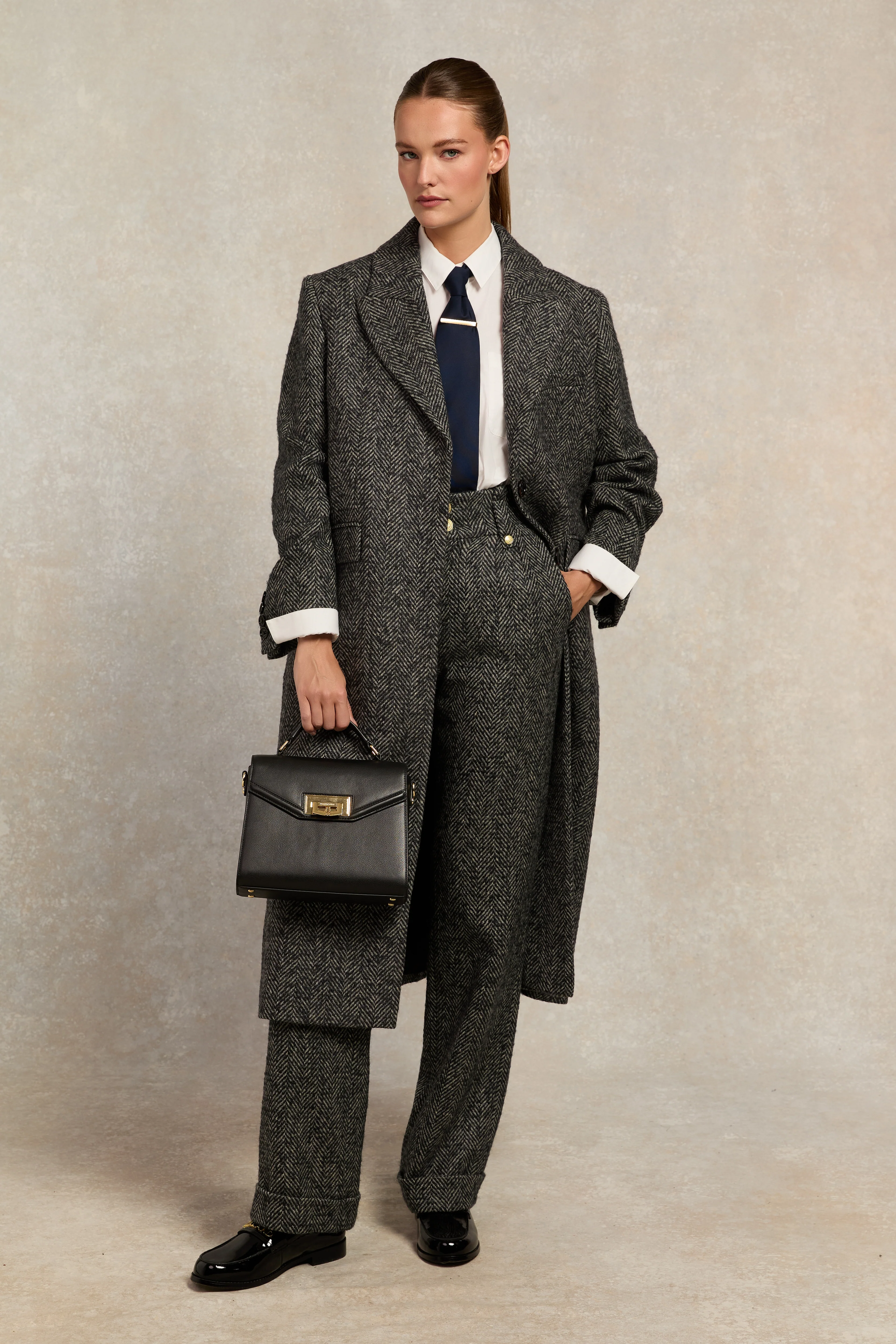 High Waisted Wide Leg Trouser (Ebony Herringbone)