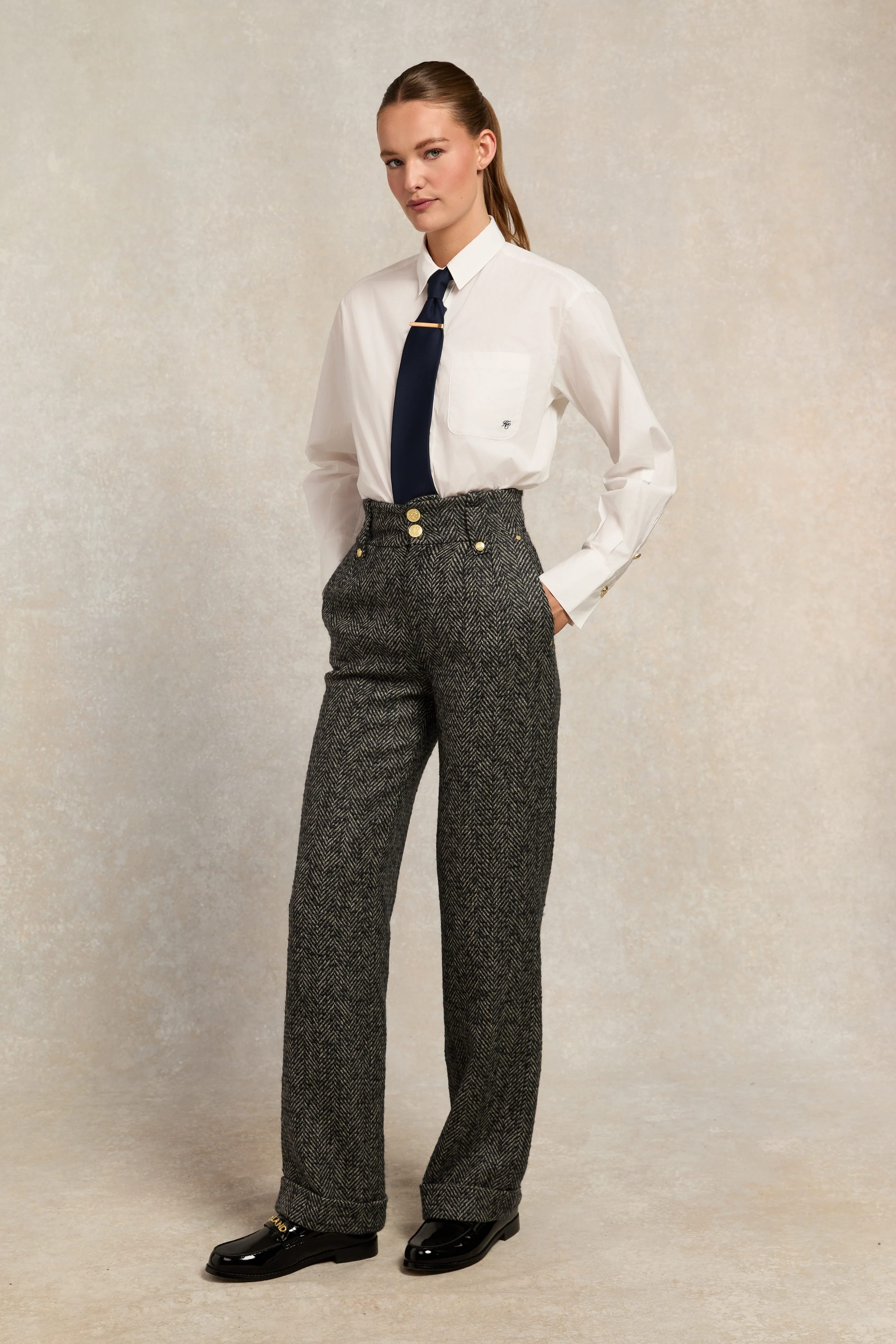 High Waisted Wide Leg Trouser (Ebony Herringbone) - Image 3