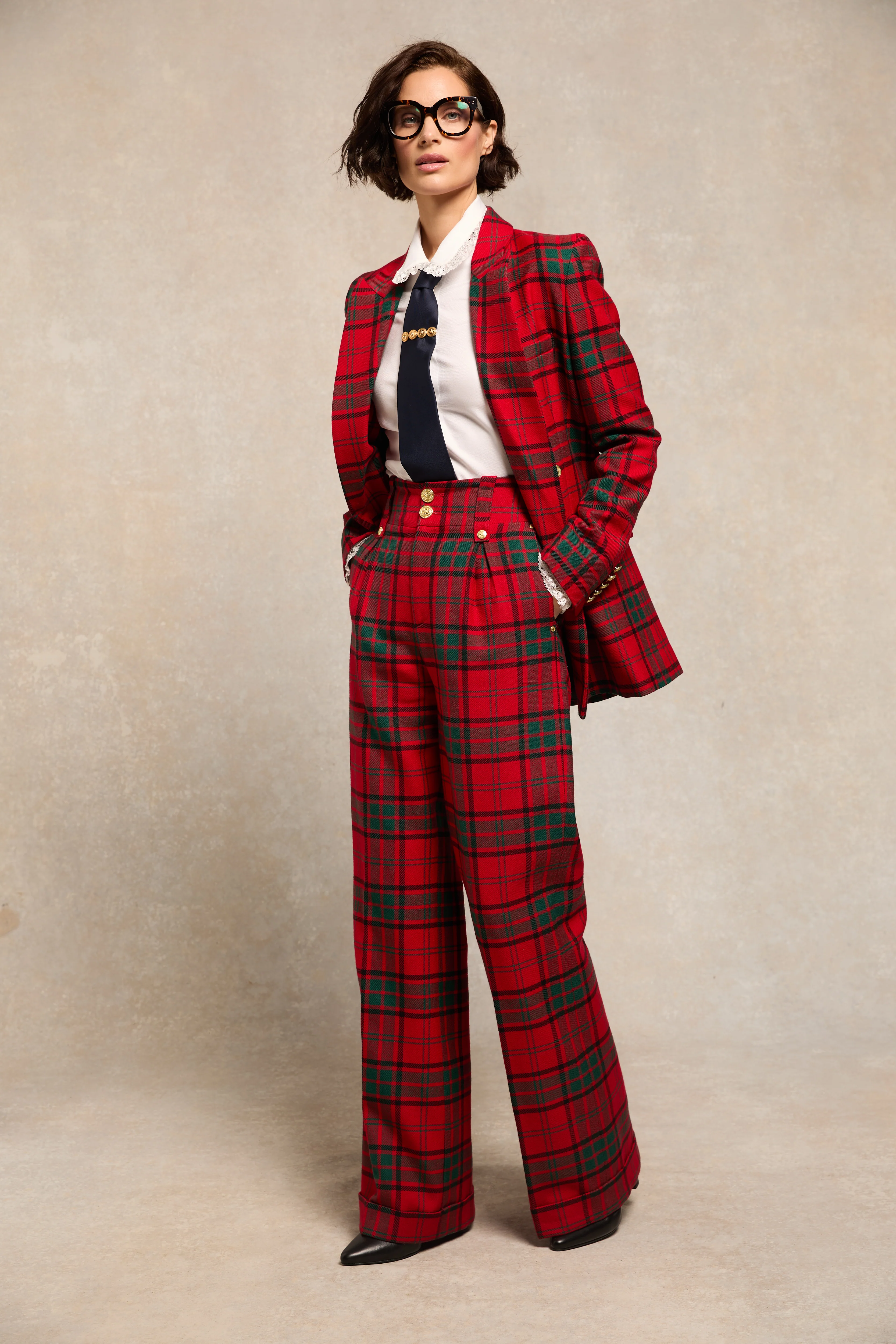 High Waisted Wide Leg Trouser (Red Tartan) - Image 3