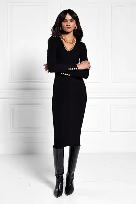 Kensington V-Neck Midi Dress (Black) - Image 5