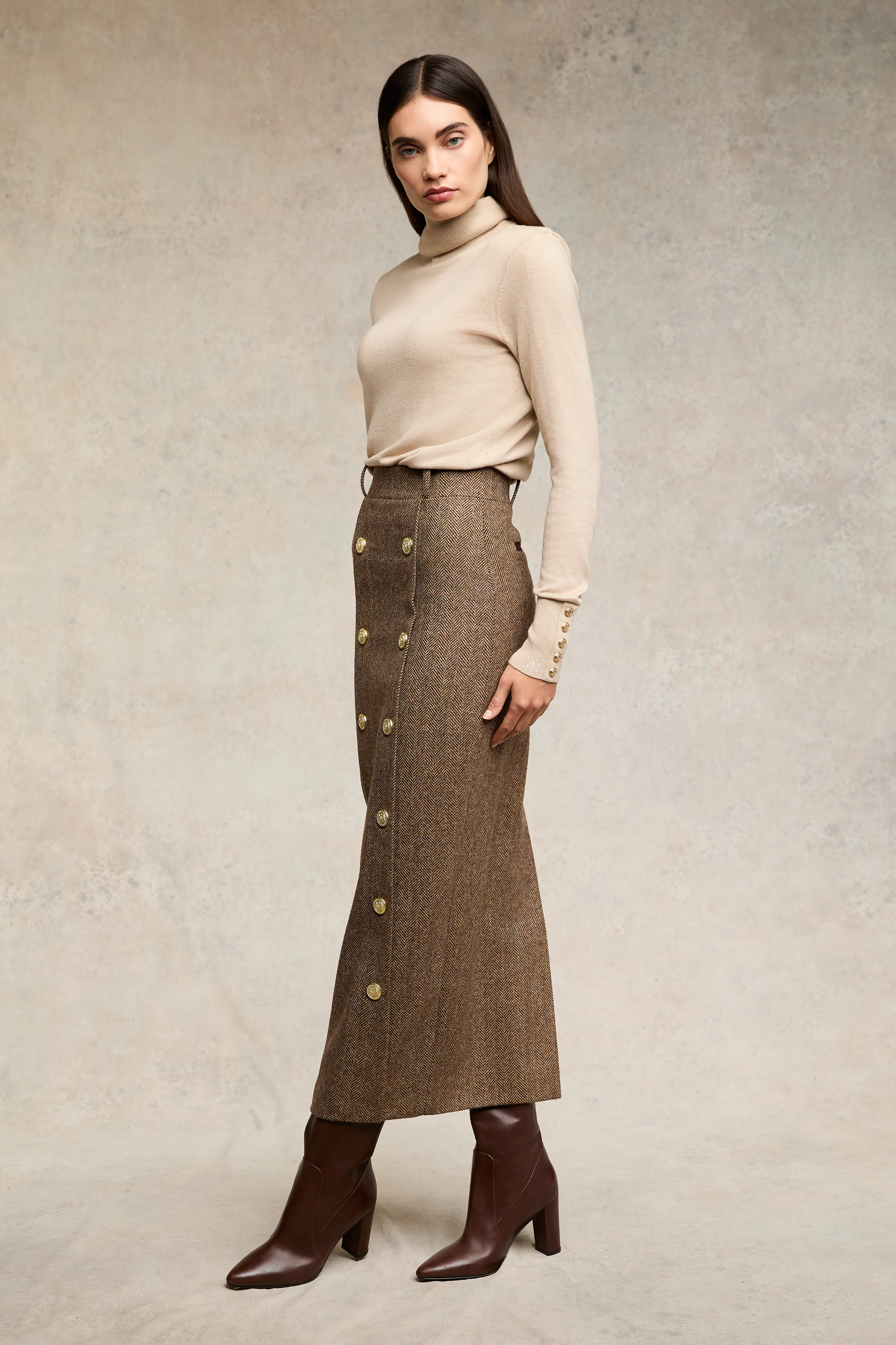 Knightsbridge Maxi Skirt (Large Scale Brown Herringbone) - Image 3