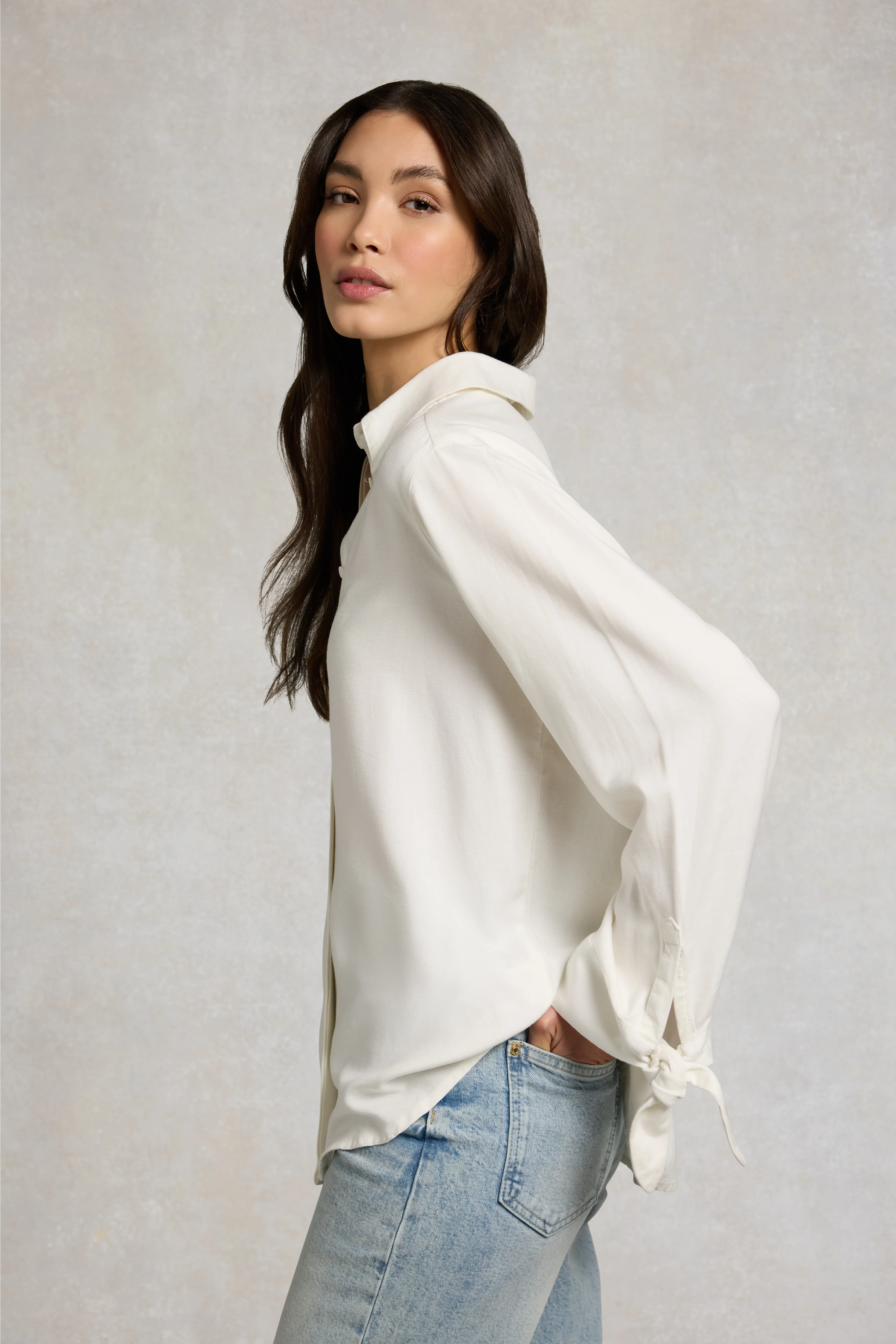 Linen Tie Blouse (White) - Image 2