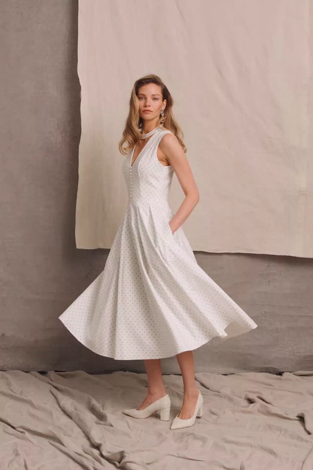 Lucie Sleeveless Dress (White Polka Dot) - Image 5