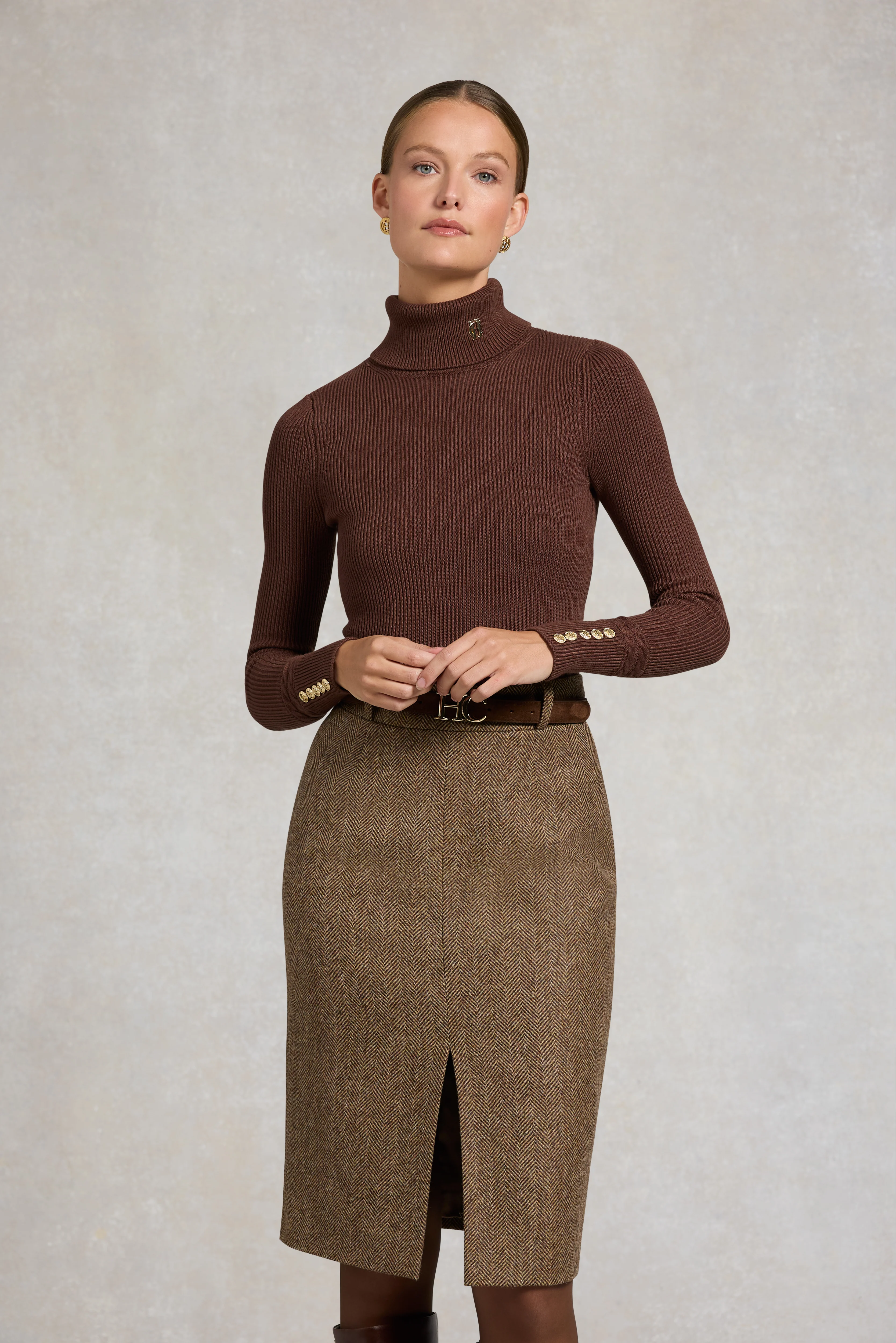 Mayfair Pencil Skirt (Large Scale Brown Herringbone) - Image 2