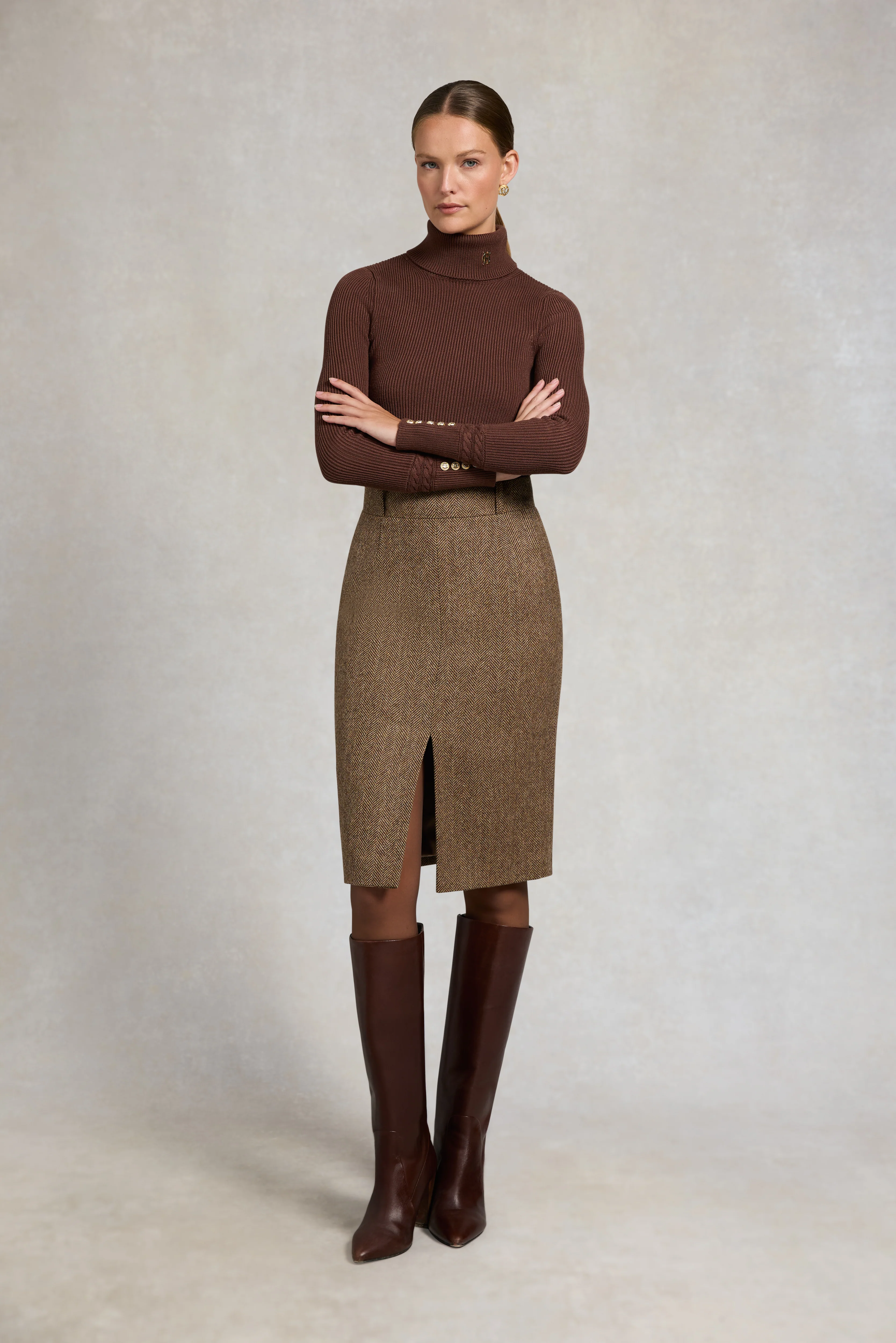 Mayfair Pencil Skirt (Large Scale Brown Herringbone) - Image 6